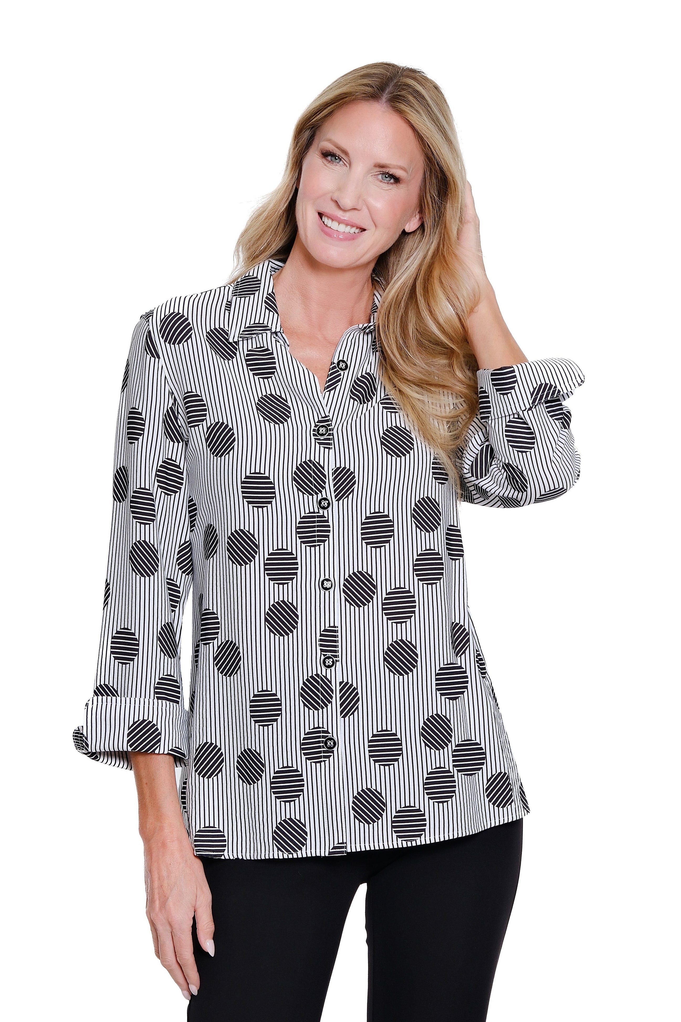 Turn-Up Cuff 3/4 Sleeve Button Front Shirt - Plus - Black White Print