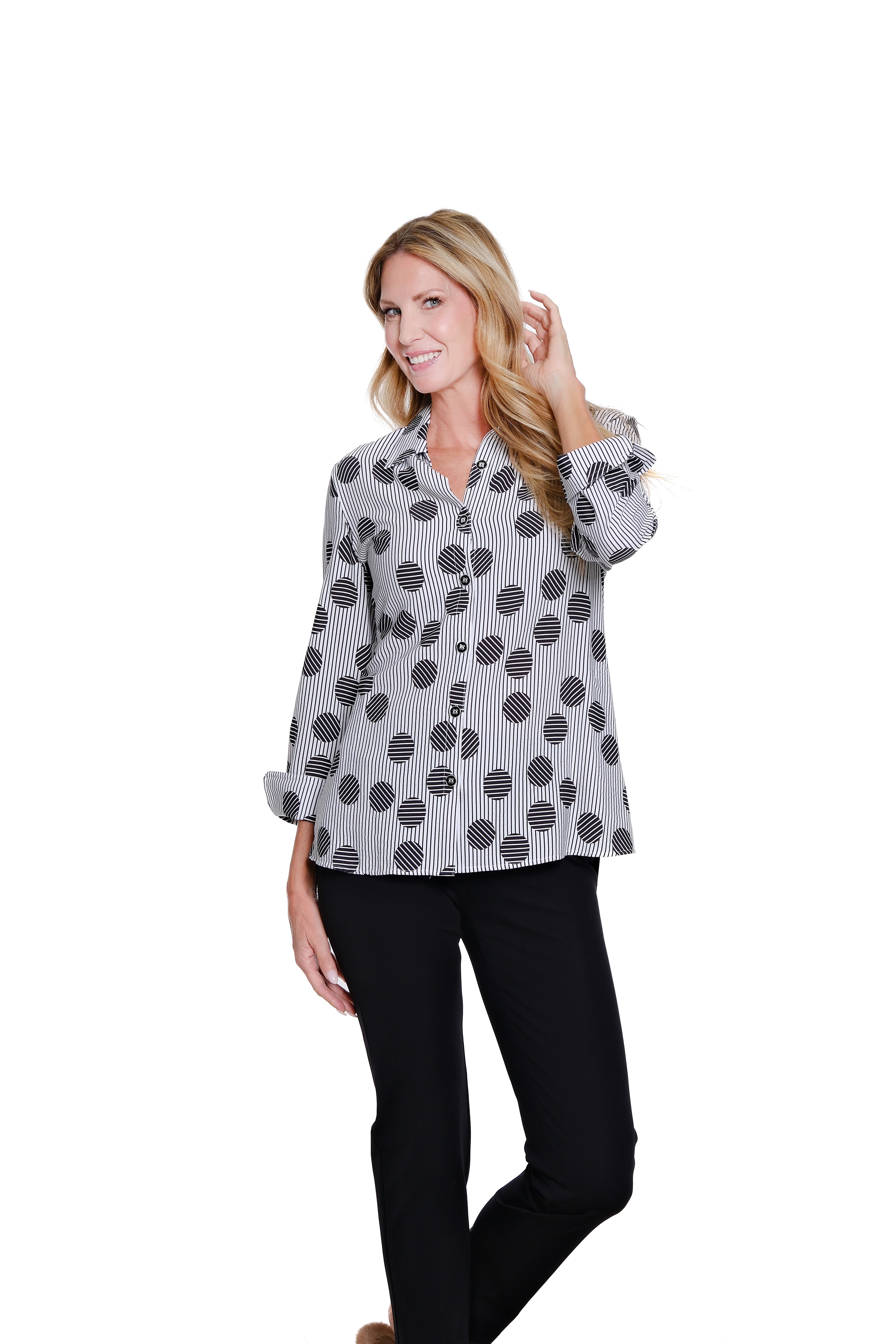 Turn-Up Cuff 3/4 Sleeve Button Front Shirt  - Black White Print