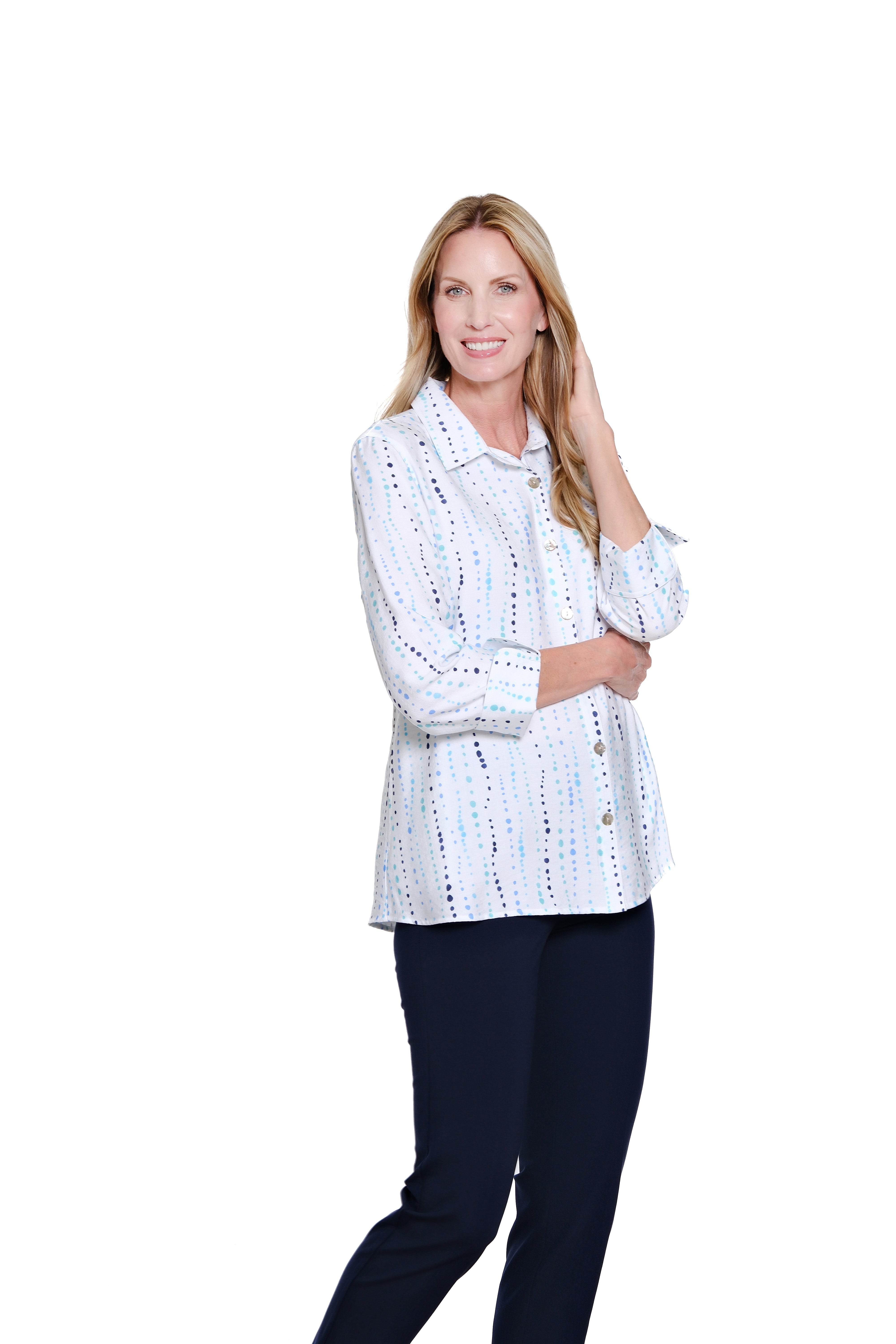 Turn-Up Cuff 3/4 Sleeve Button Front Shirt  - Watercolor Dots Print