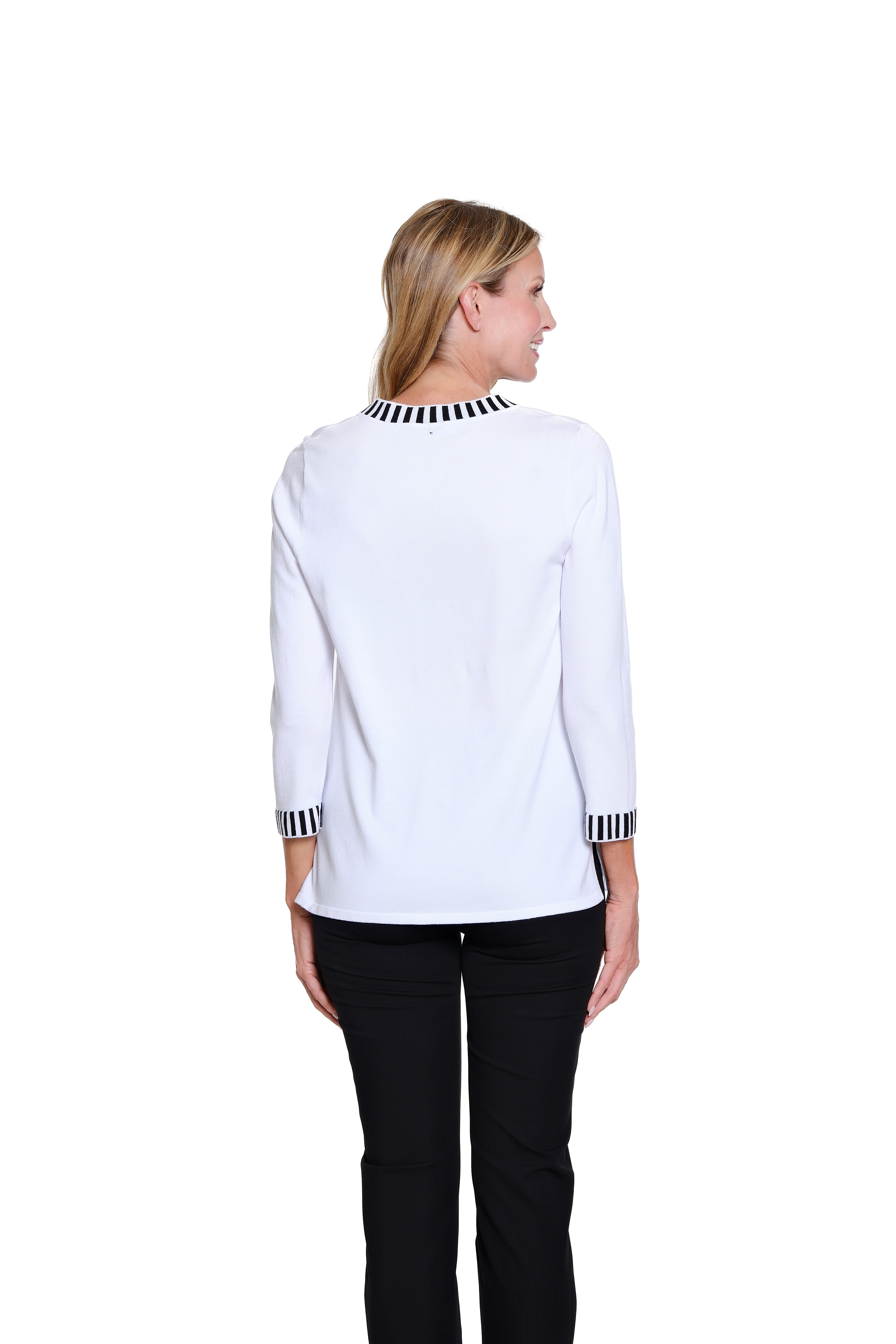 3/4 Sleeve Banded V-Neck Sweater Top - White