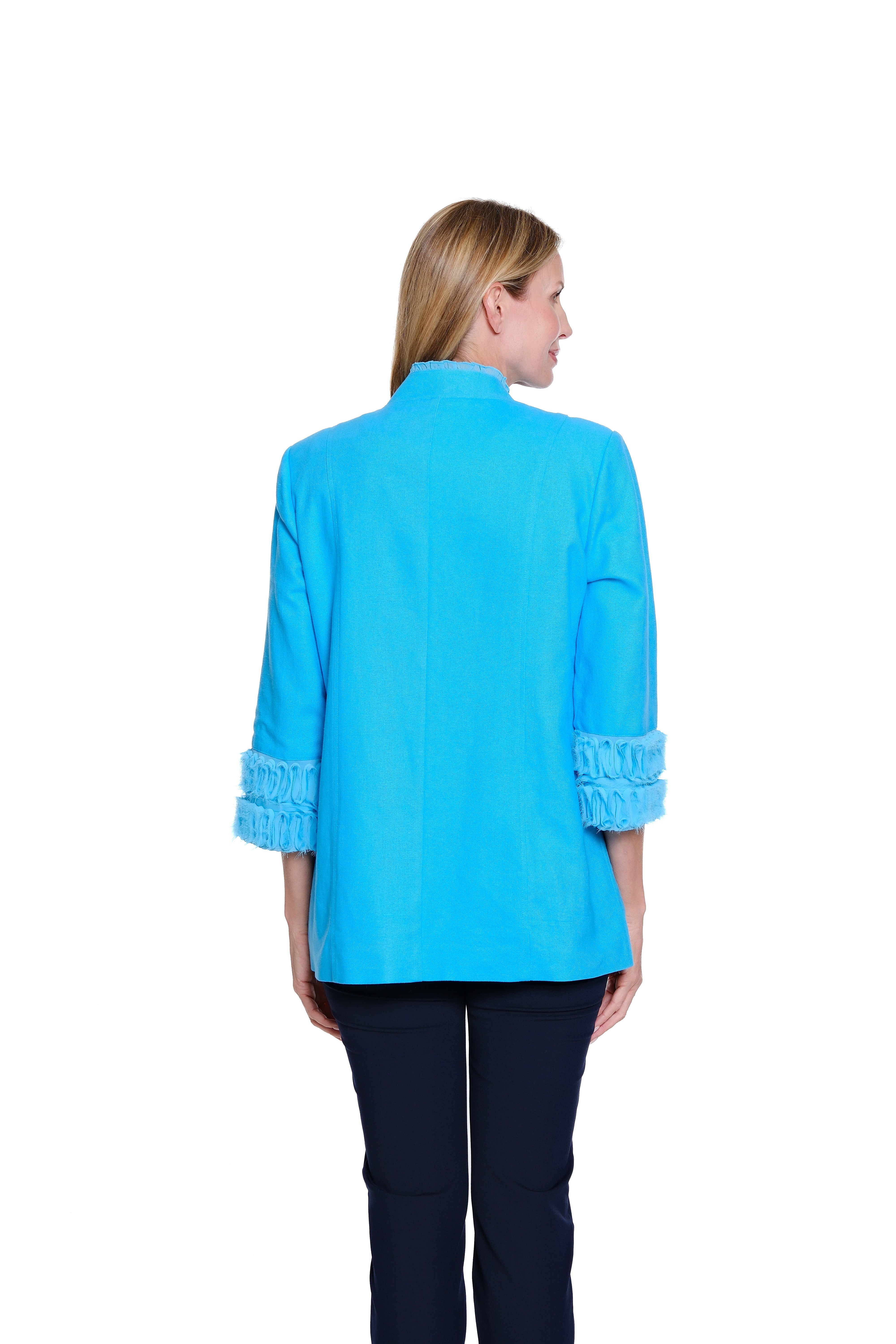 3/4 Sleeve Stand Collar Double Button Lined Jacket - Petite - Turquoise
