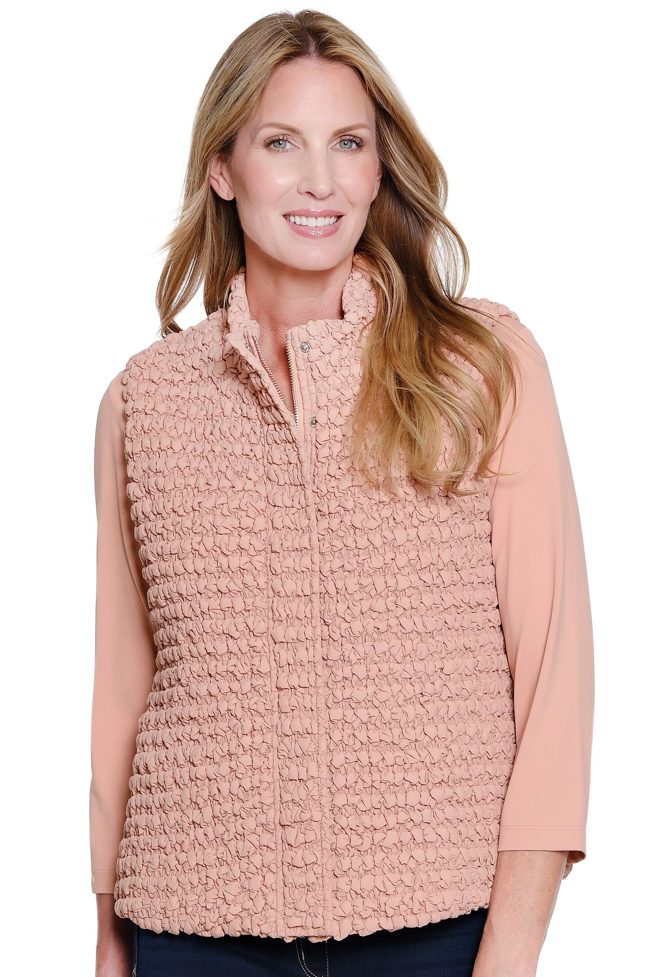 Snap & Zip Thru Collar Quilted Vest - Missy - Pink