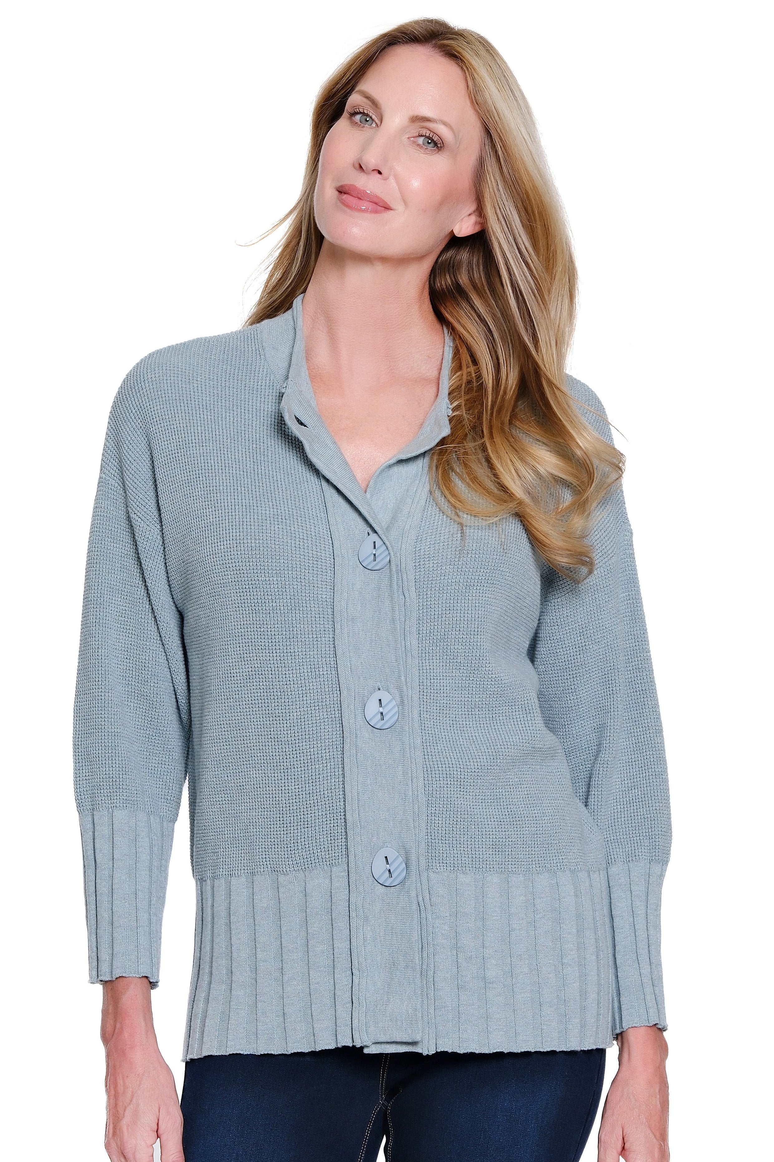 3/4 Sleeve Drop Shoulder Button Front Sweater Cardigan - Chambray