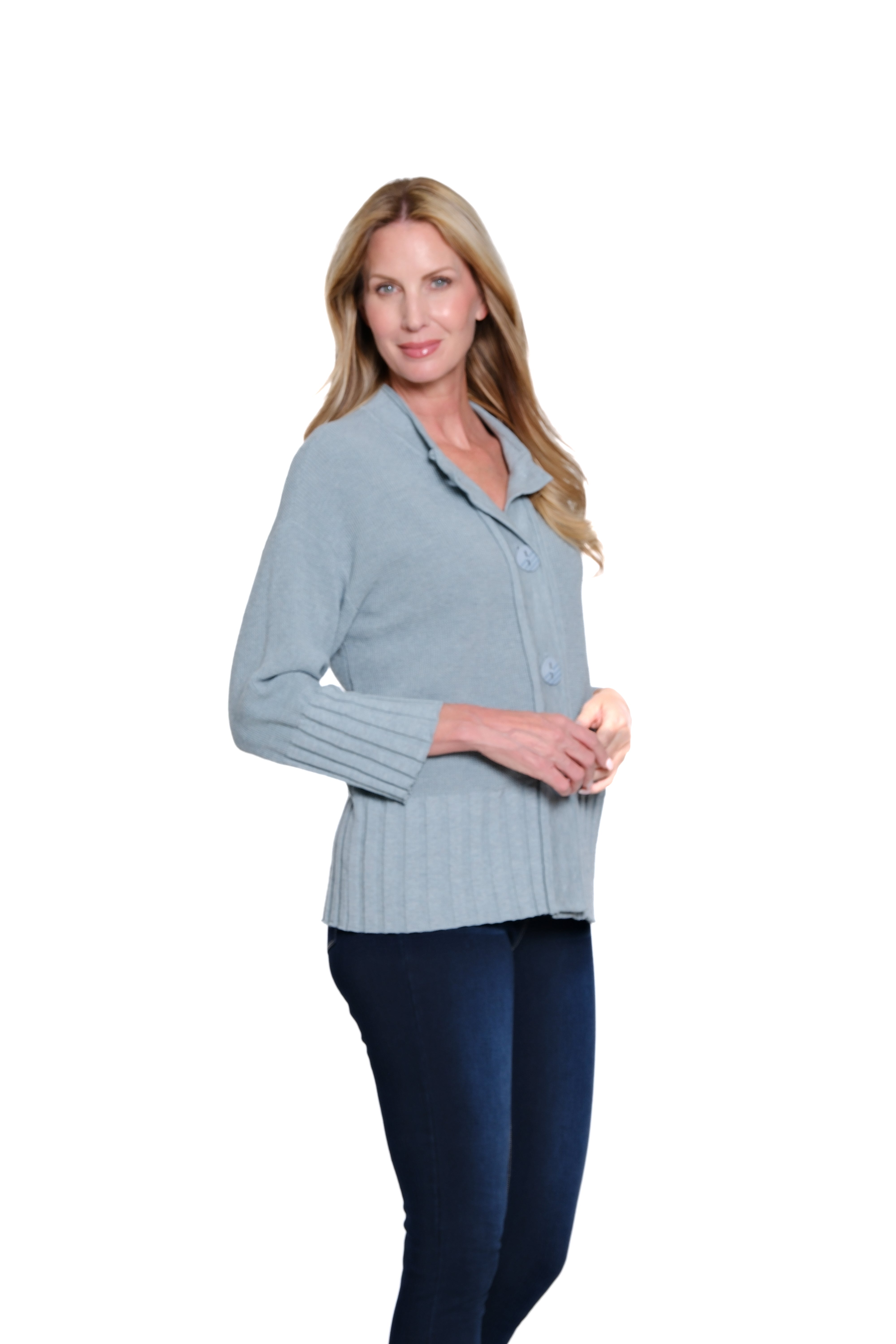 3/4 Sleeve Drop Shoulder Button Front Sweater Cardigan - Chambray