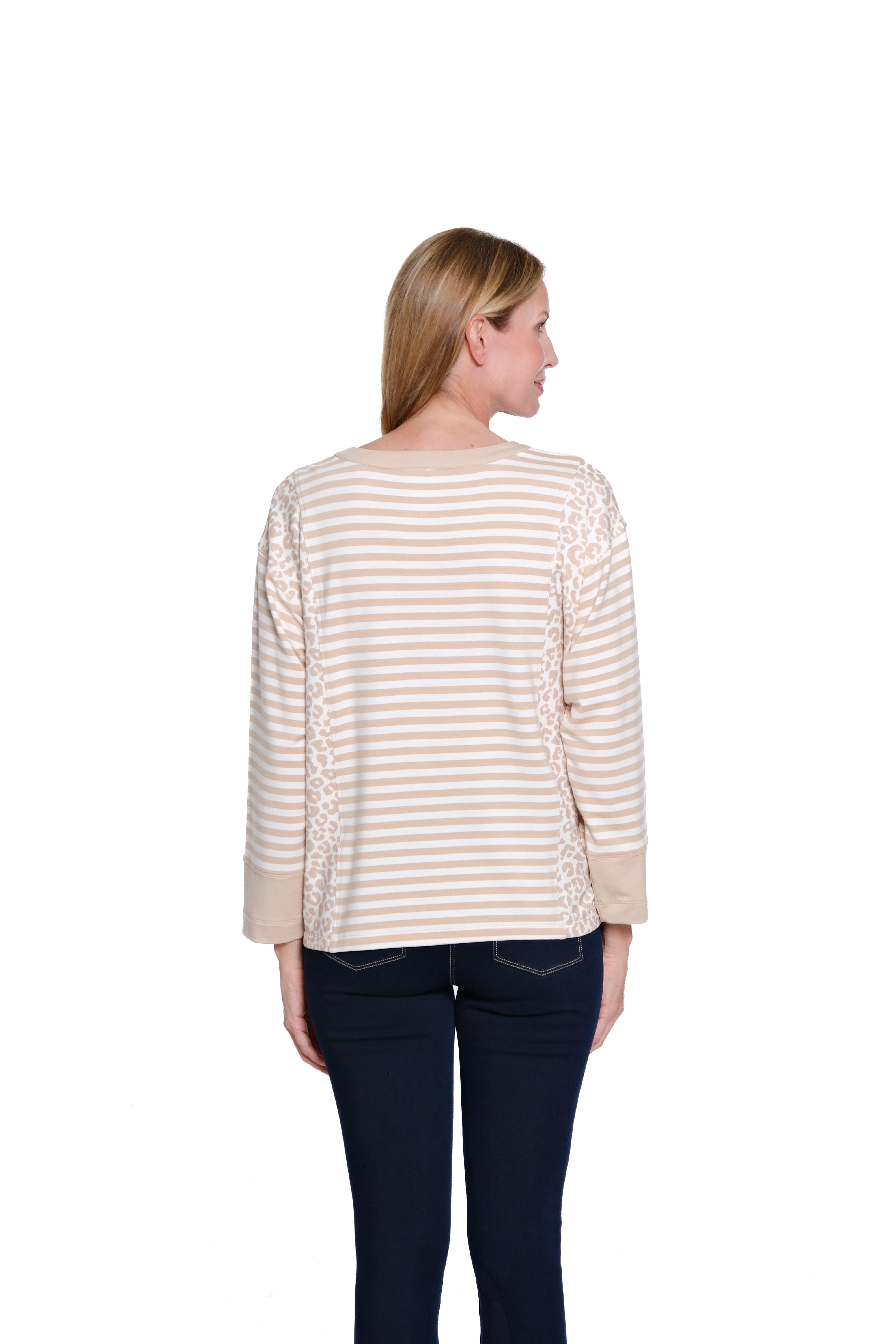 3/4 Sleeve Drop Shoulder Band Collar Top - Light Tan