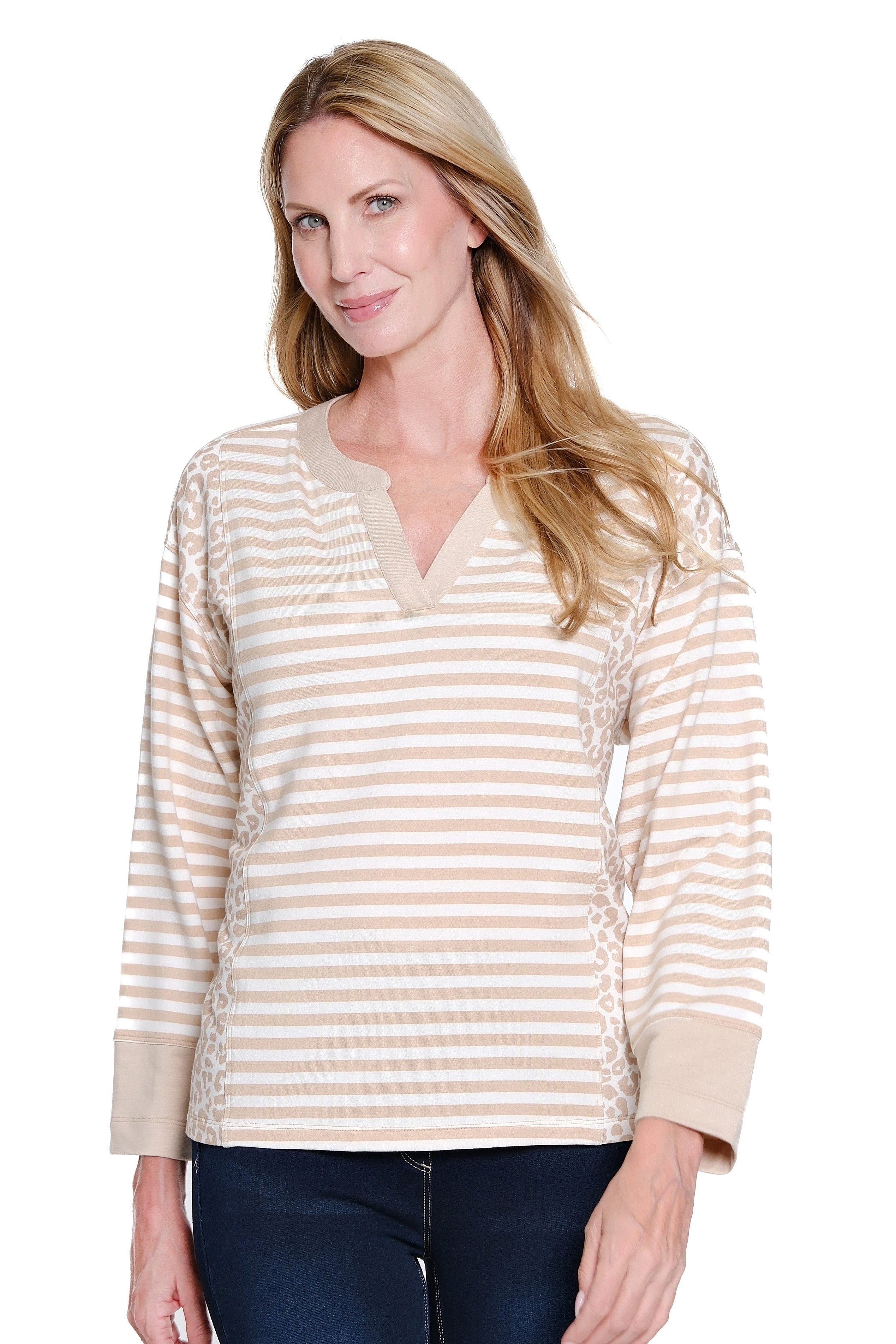 3/4 Sleeve Drop Shoulder Band Collar Top - Light Tan