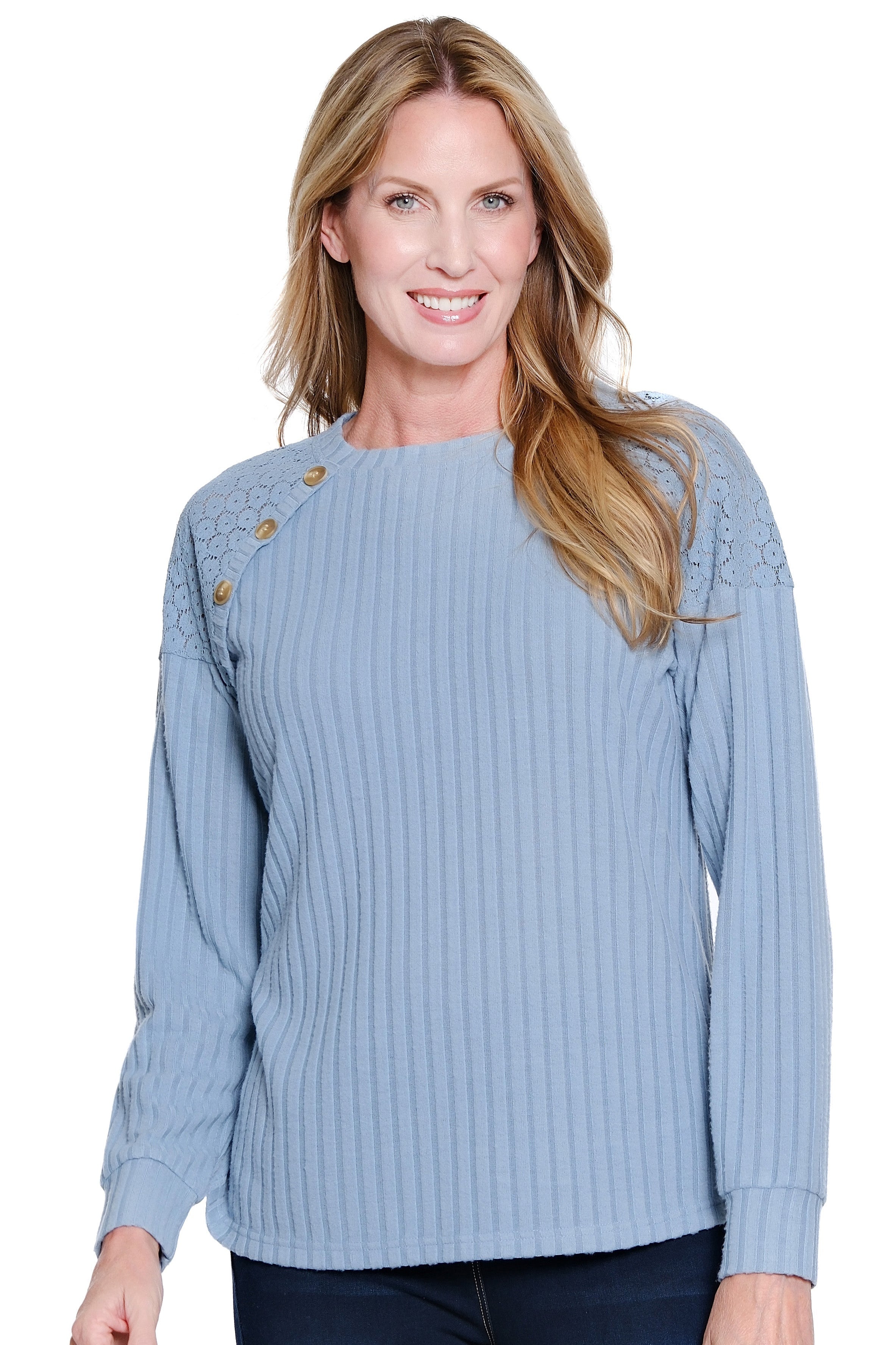 Cuffed Long Sleeve Raglan Crew Neck Top - Chambray