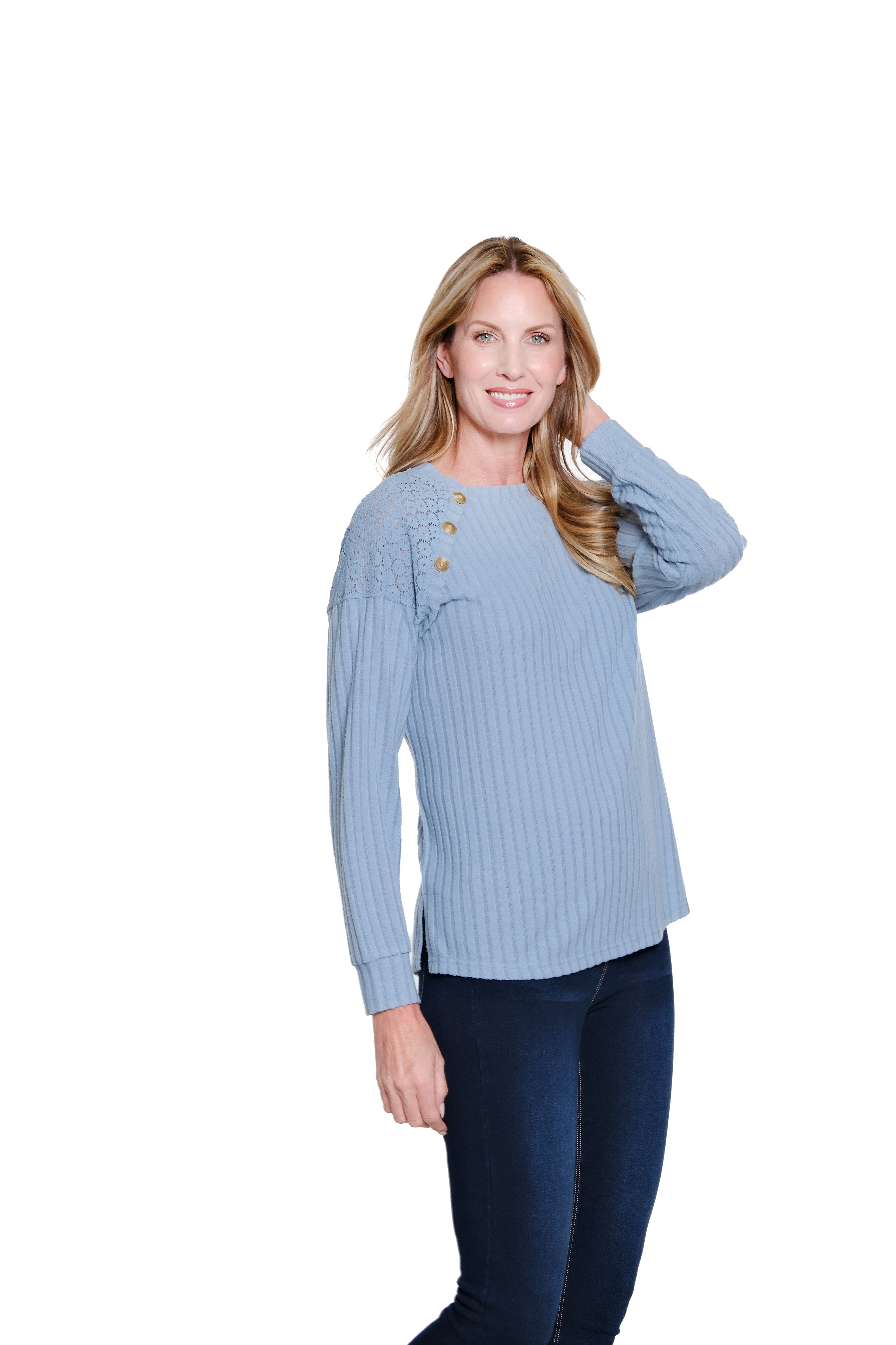Cuffed Long Sleeve Raglan Crew Neck Top - Chambray
