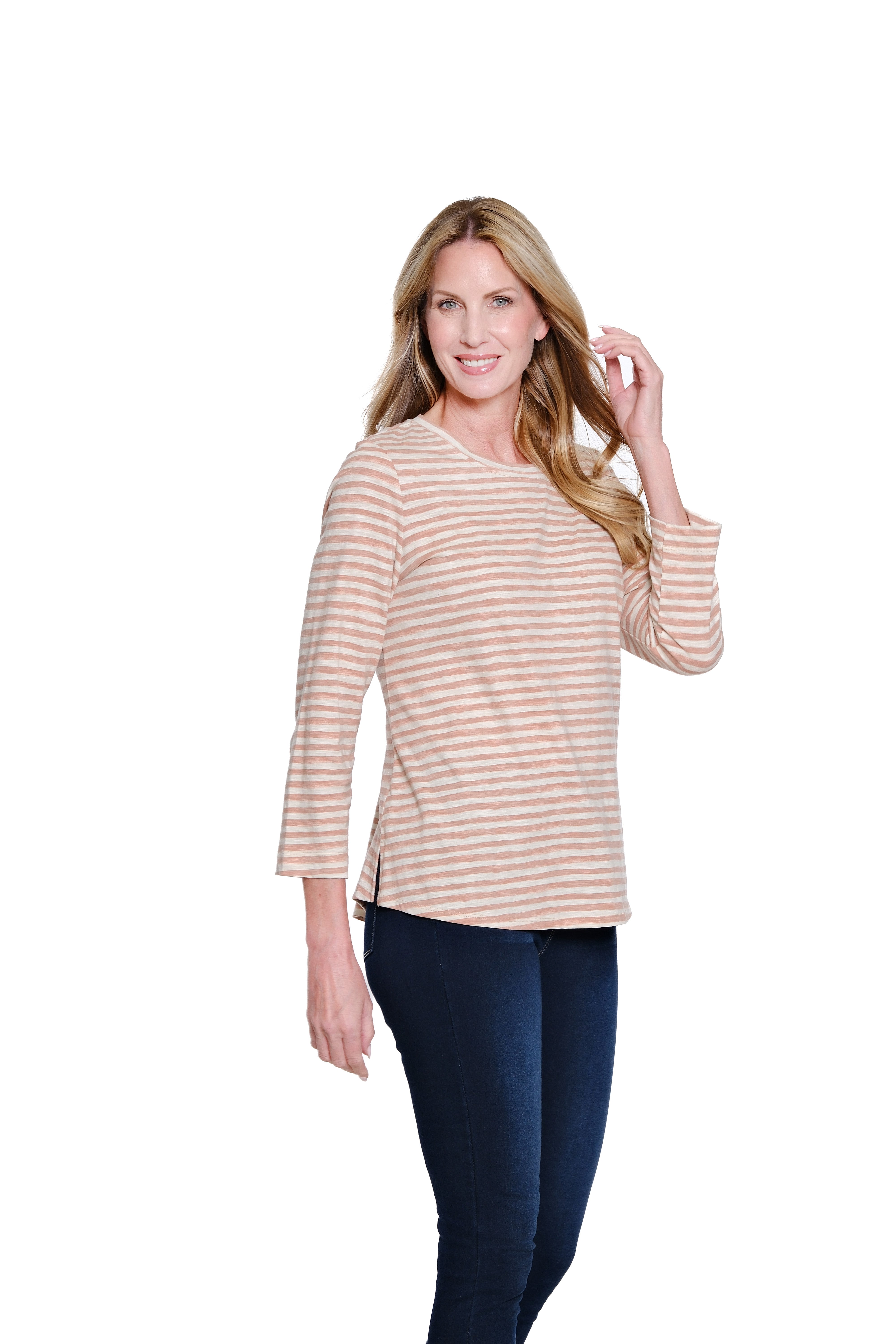 3/4 Sleeve Scoop Neck Top With Shaped Hem - Plus - Pink
