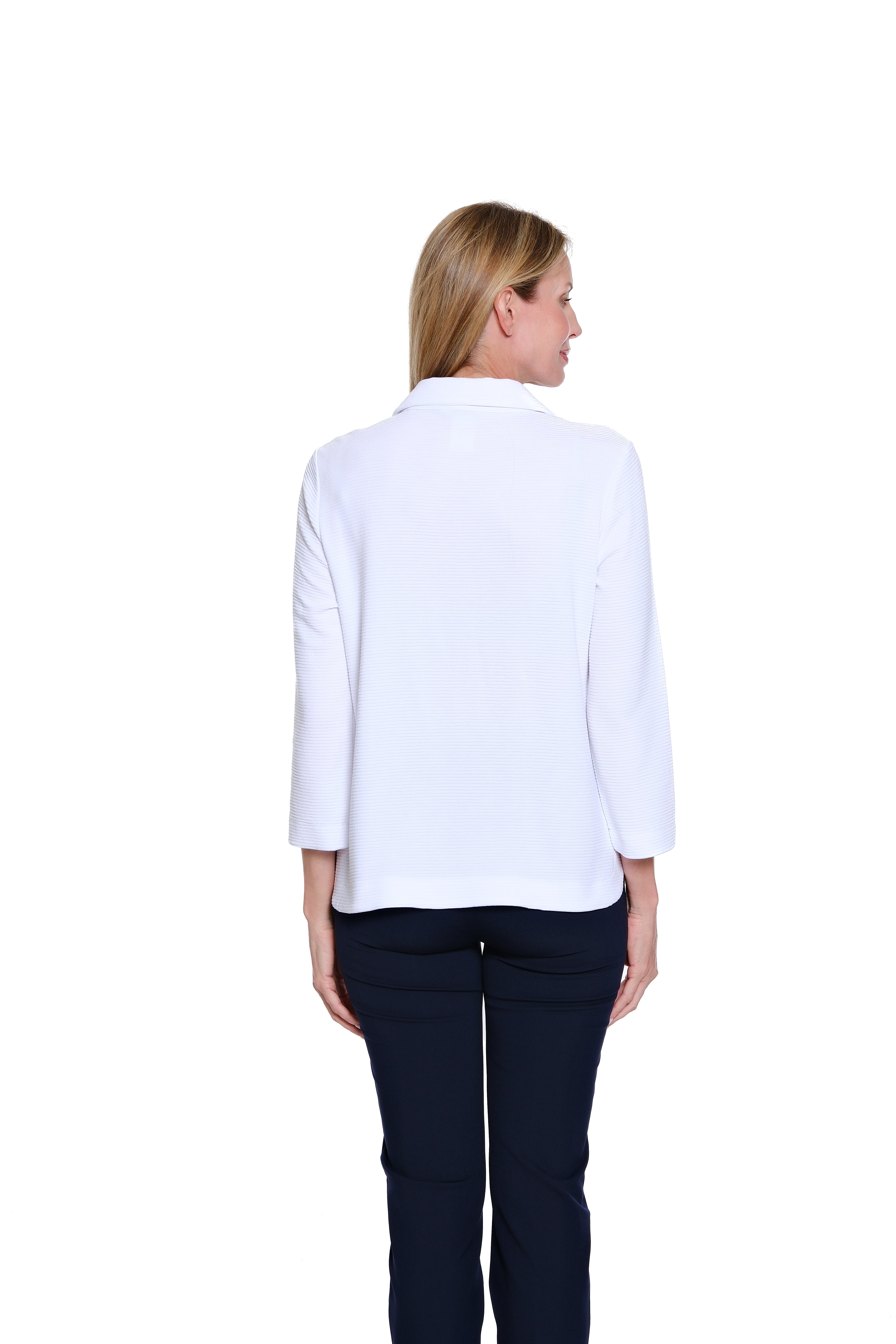 White 3/4 Sleeve Johnny Collar V-Neck Solid Ottoman Knit Top - Womens