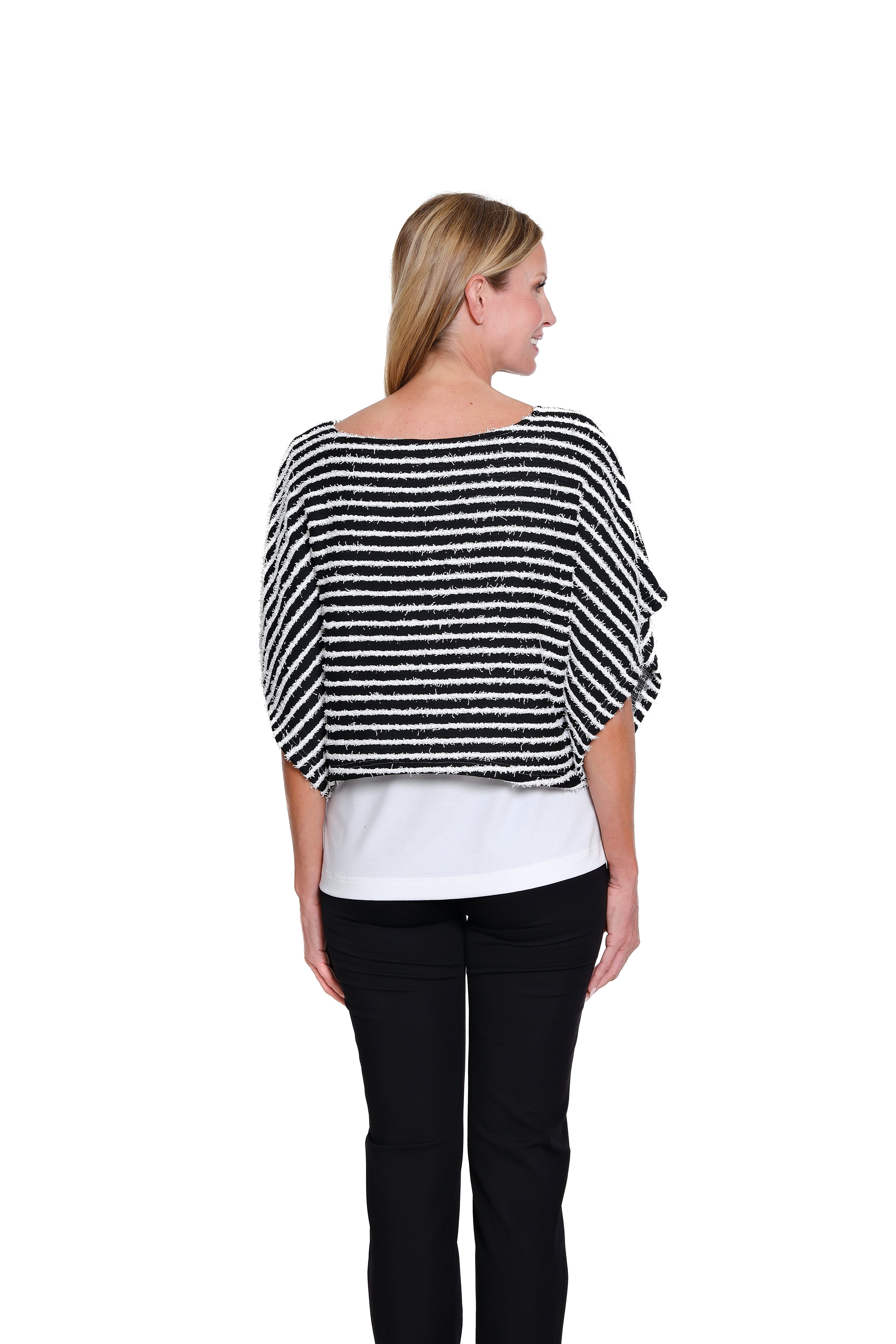 Stripe Knit Poncho Top with Attached Tank - Black/White Stripe