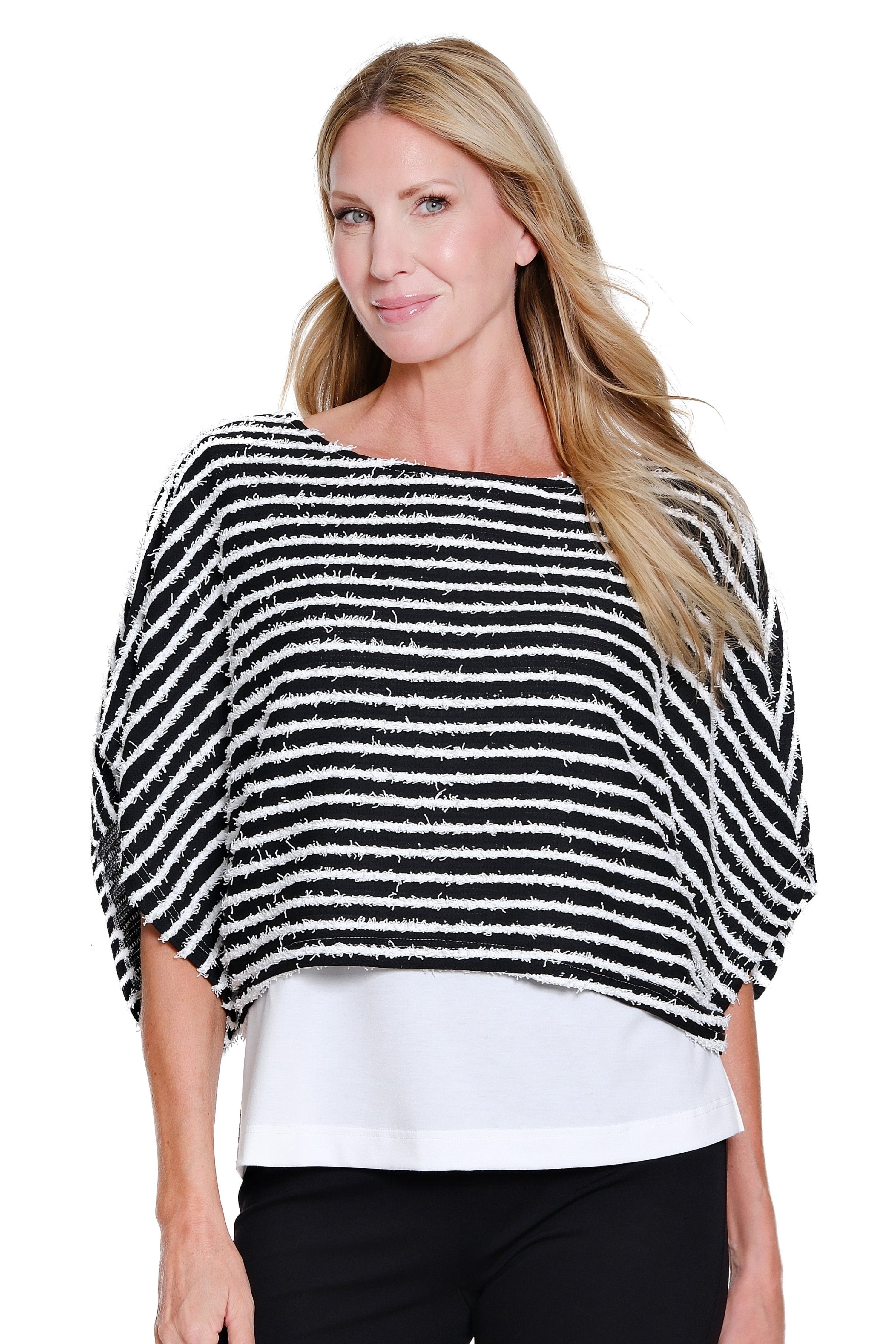 Stripe Knit Poncho Top with Attached Tank - Black/White Stripe