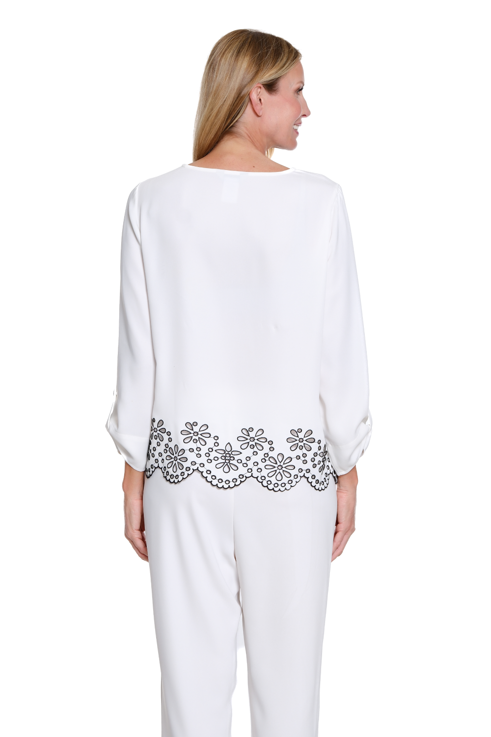 White Button Tab Fold Up Cuff 3/4 Sleeve Boat Neck Embr Hem Top - Missy