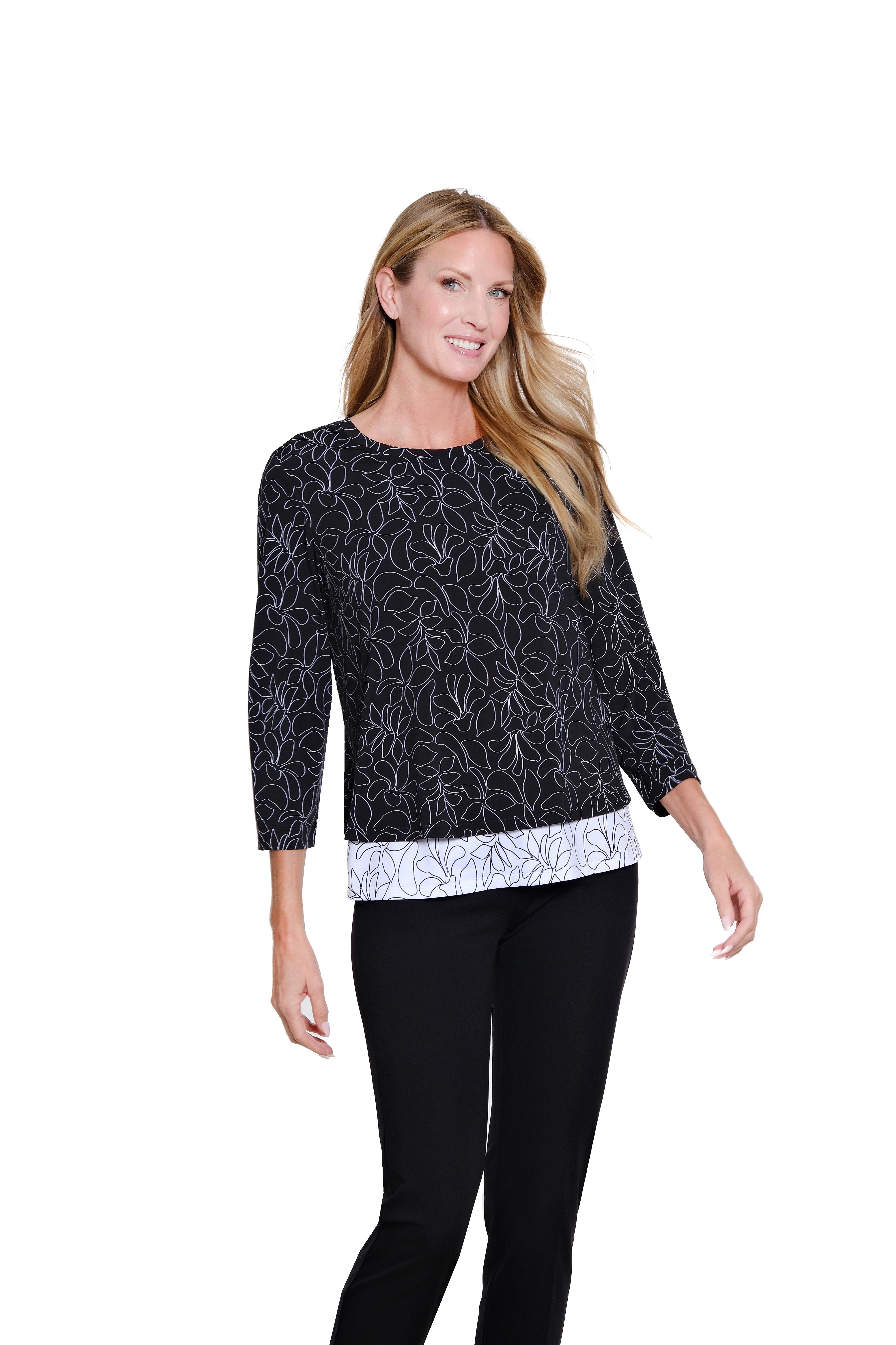 Layered Print Knit Hi-Low Top - Black/White Print