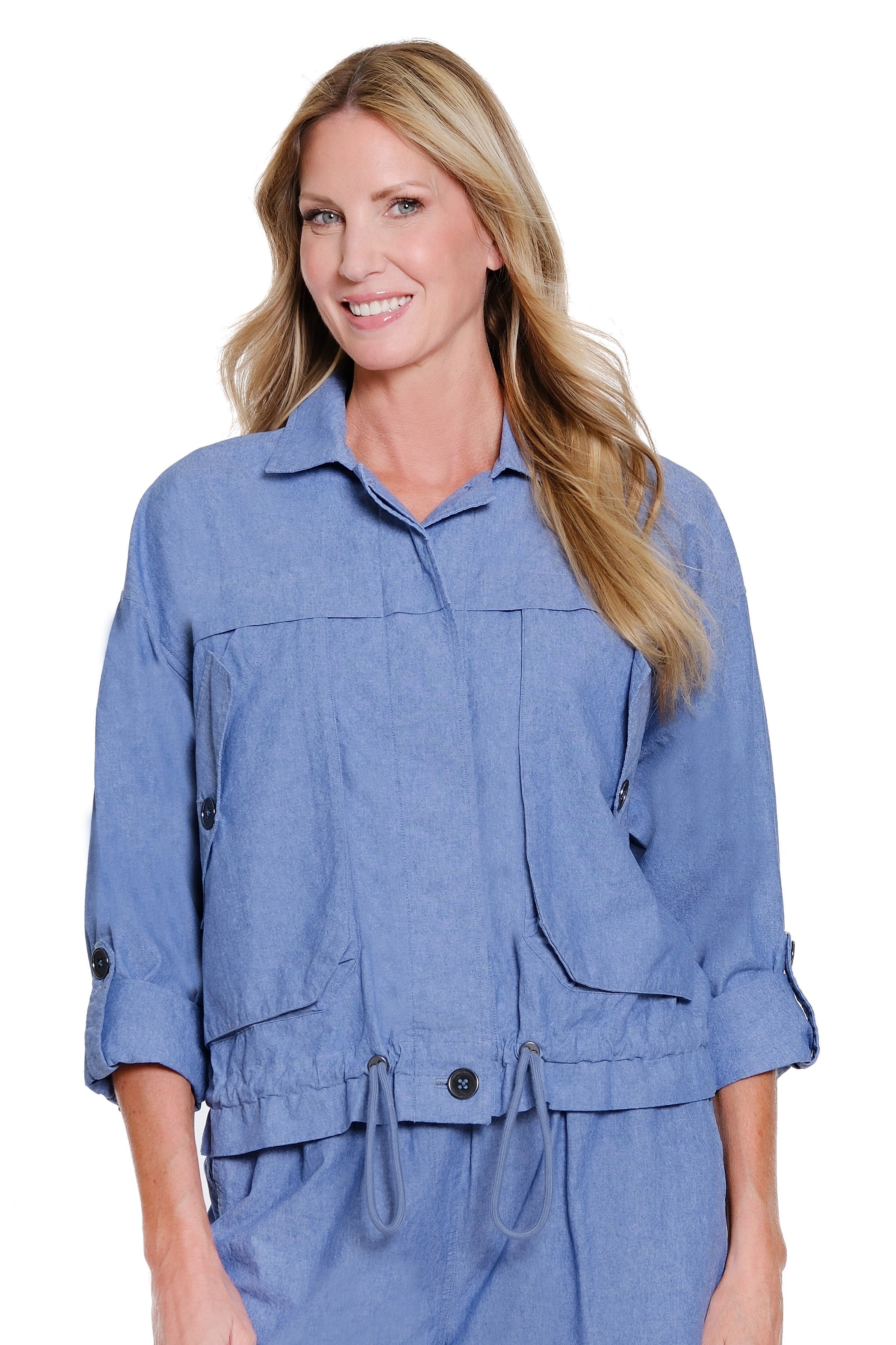 Chambray Jacket with Drawstring Waist - Chambray Blue