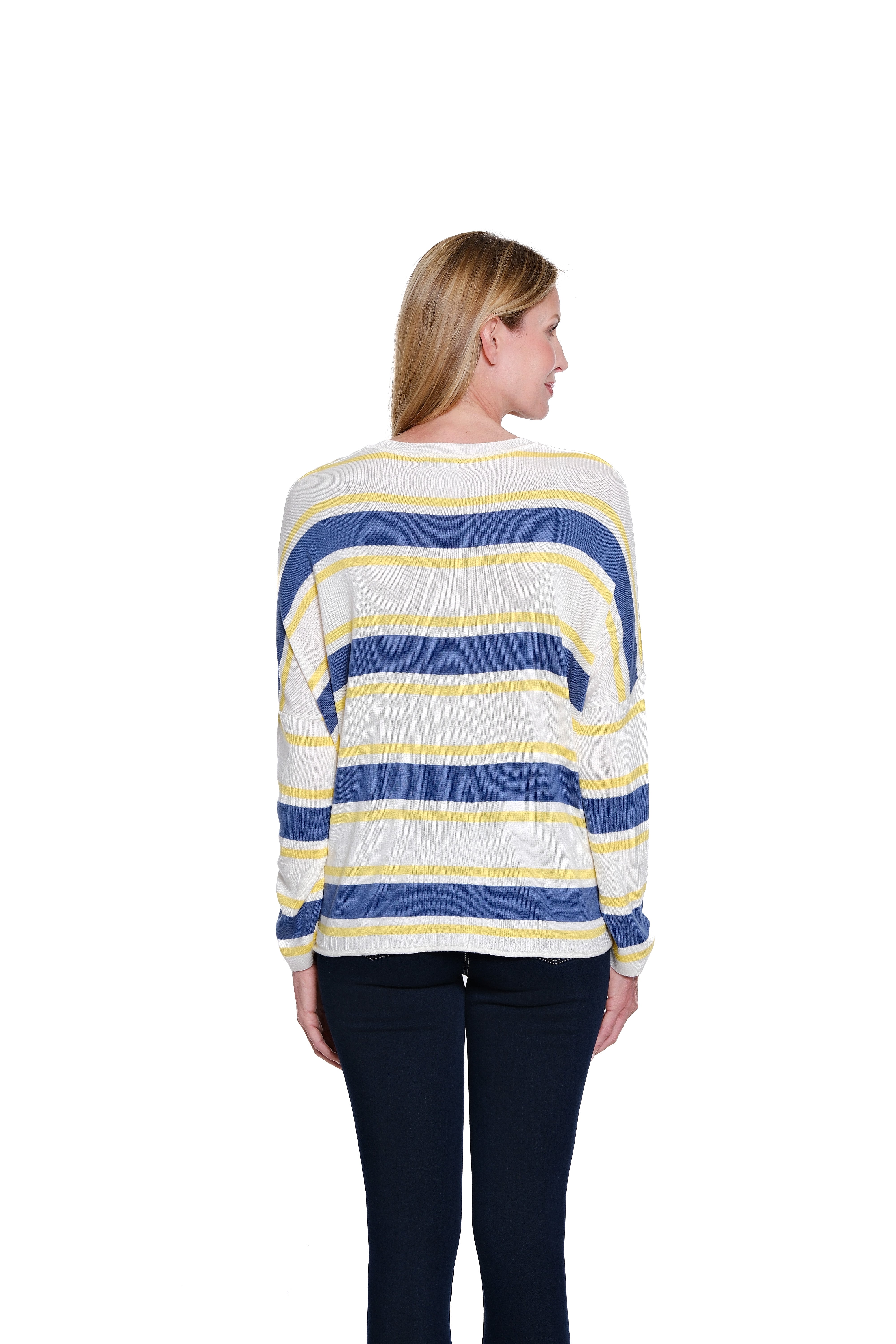 Stripe Sweater Knit Top with V-Neck - Multi
