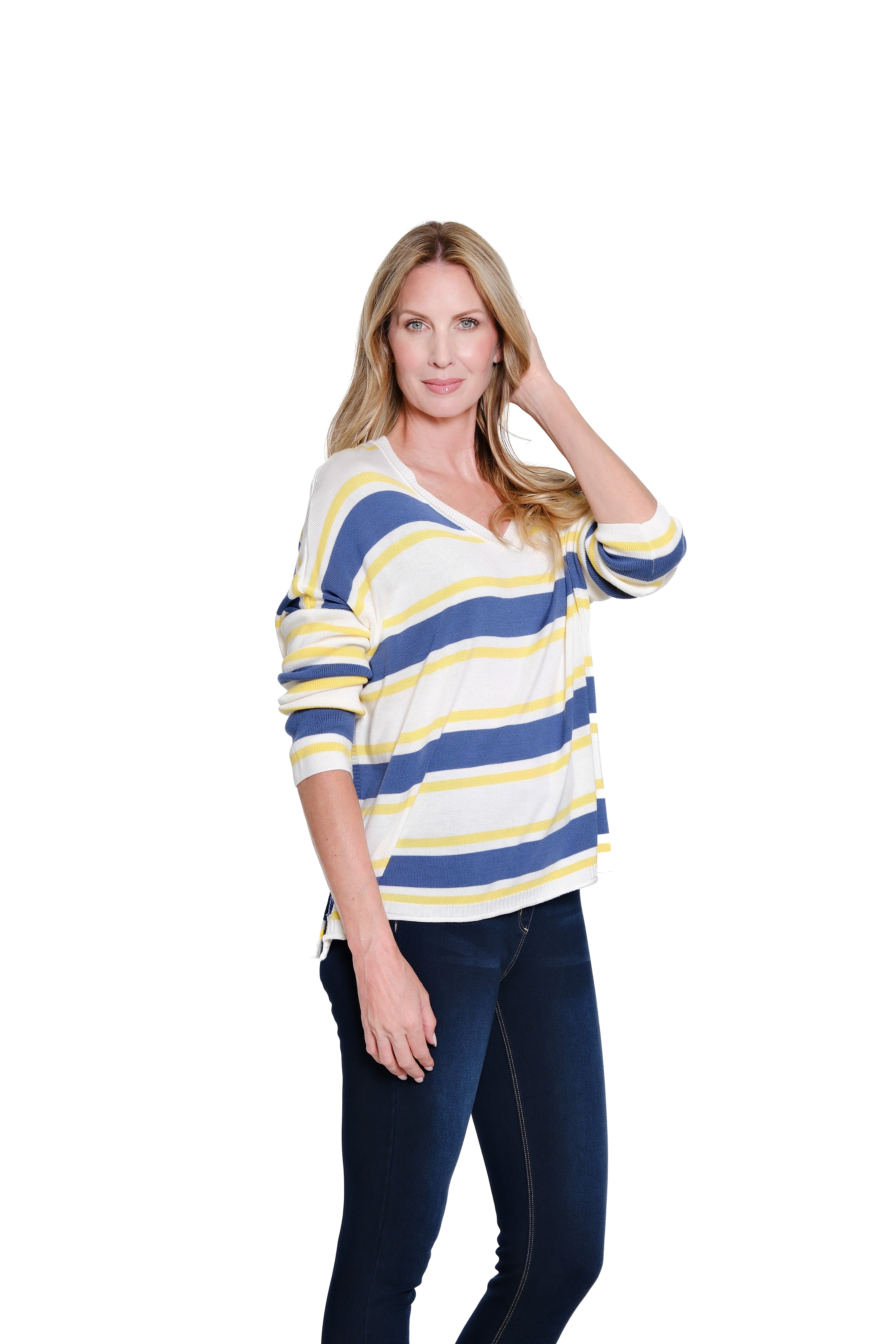 Stripe Sweater Knit Top with V-Neck - Multi