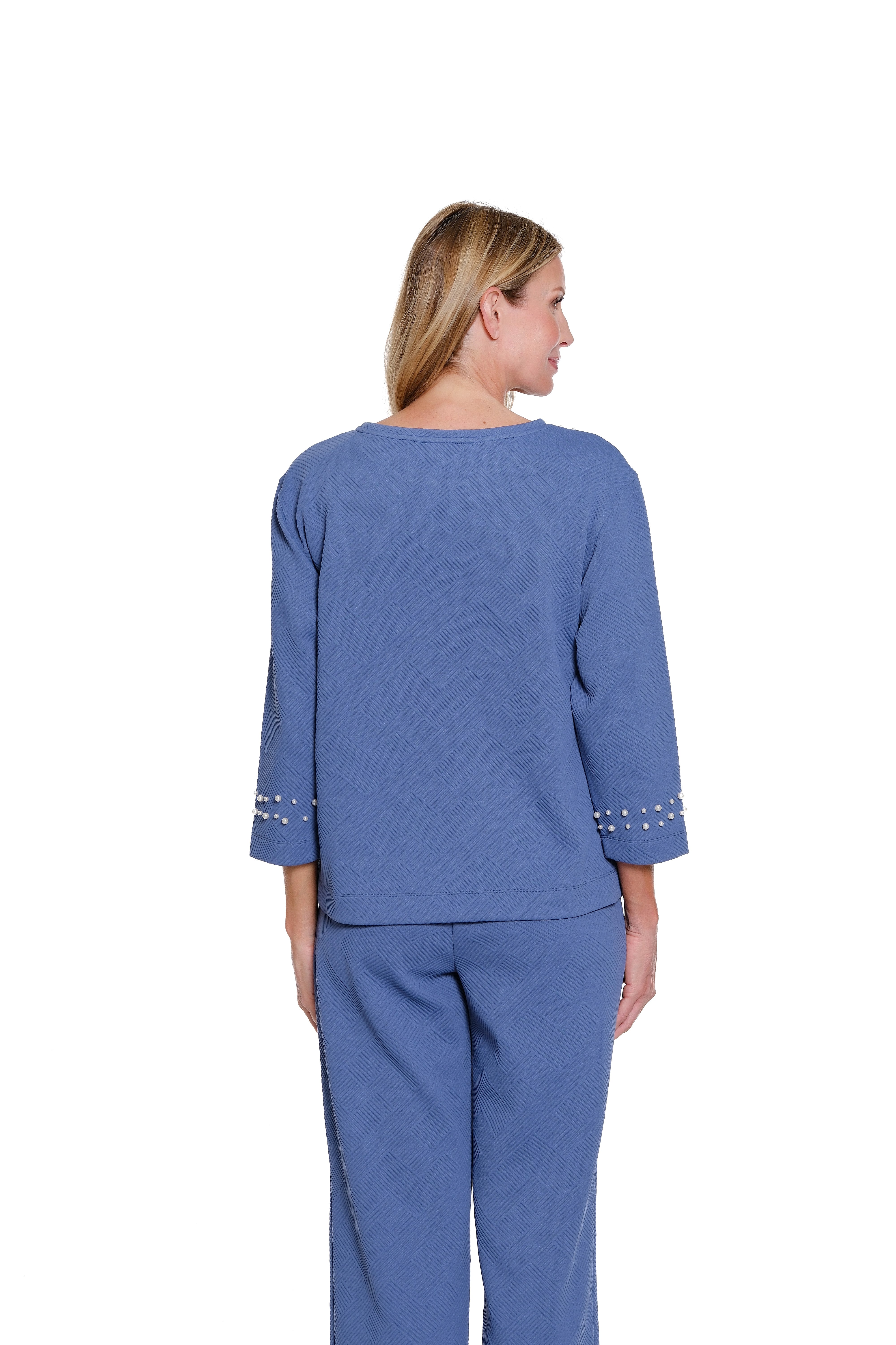 Pearl-Embellished Jacquard Knit Top - Chambray Blue