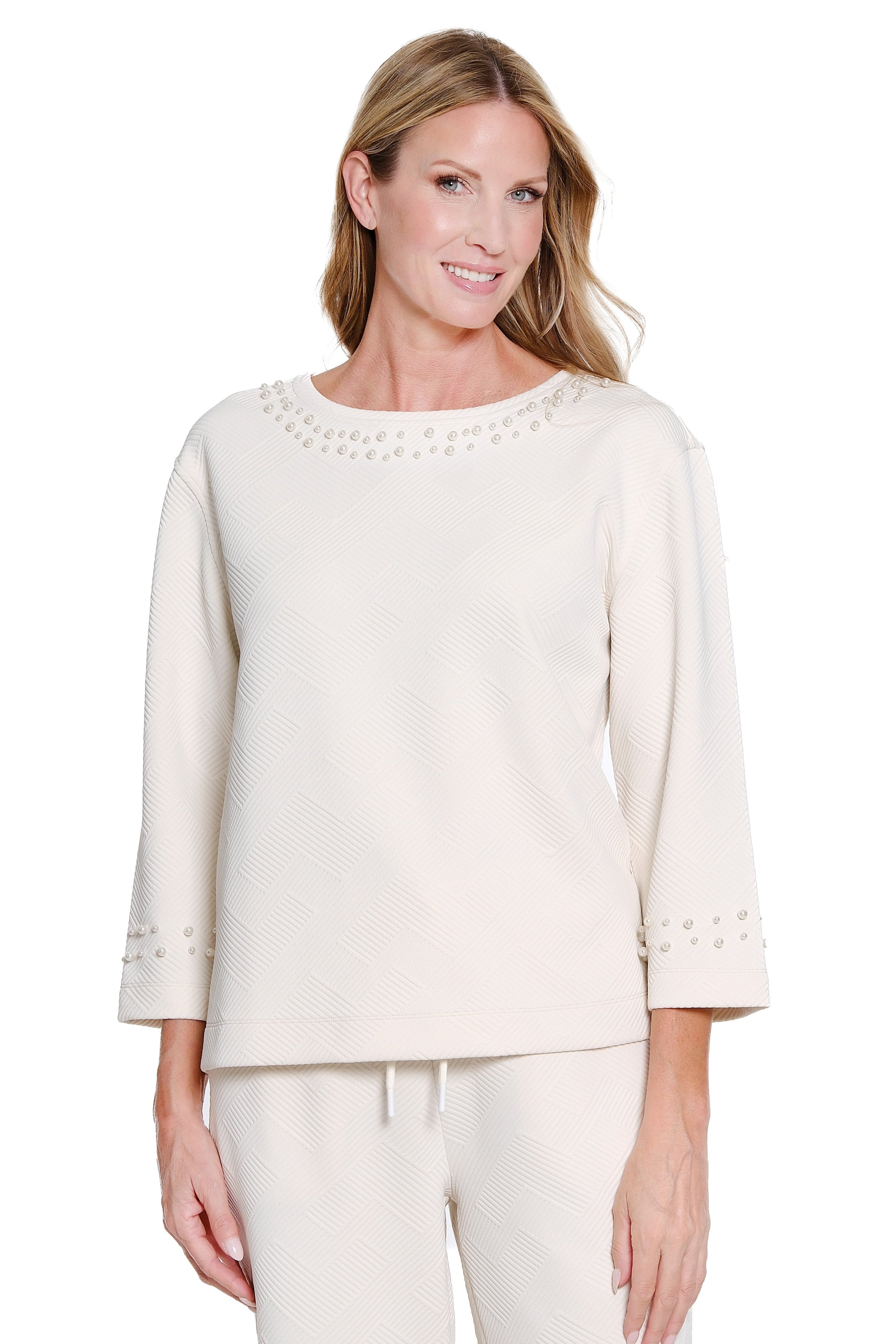 Pearl-Embellished Jacquard Knit Top - Soft White