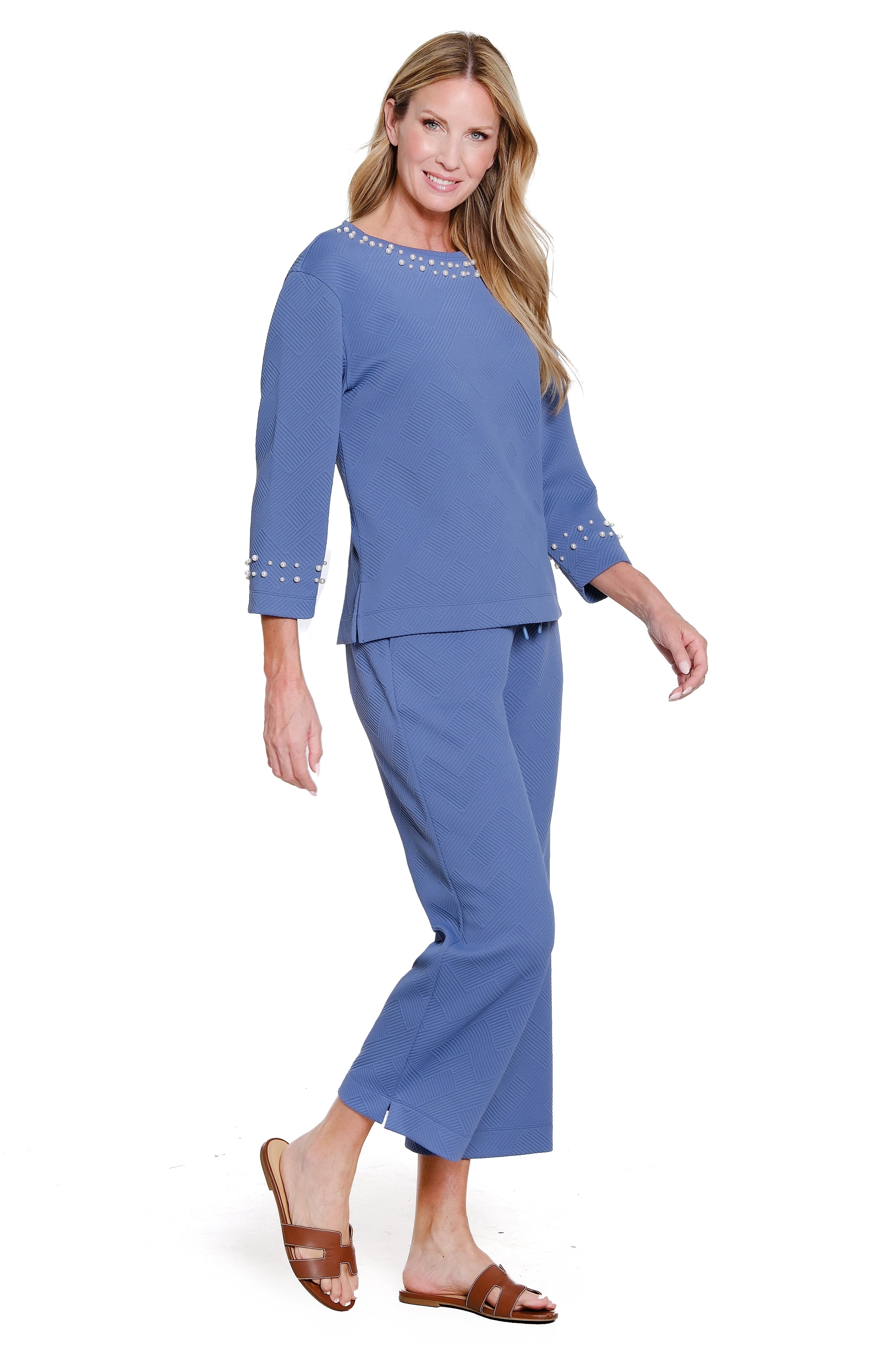 Pearl-Embellished Jacquard Knit Set - Chambray Blue