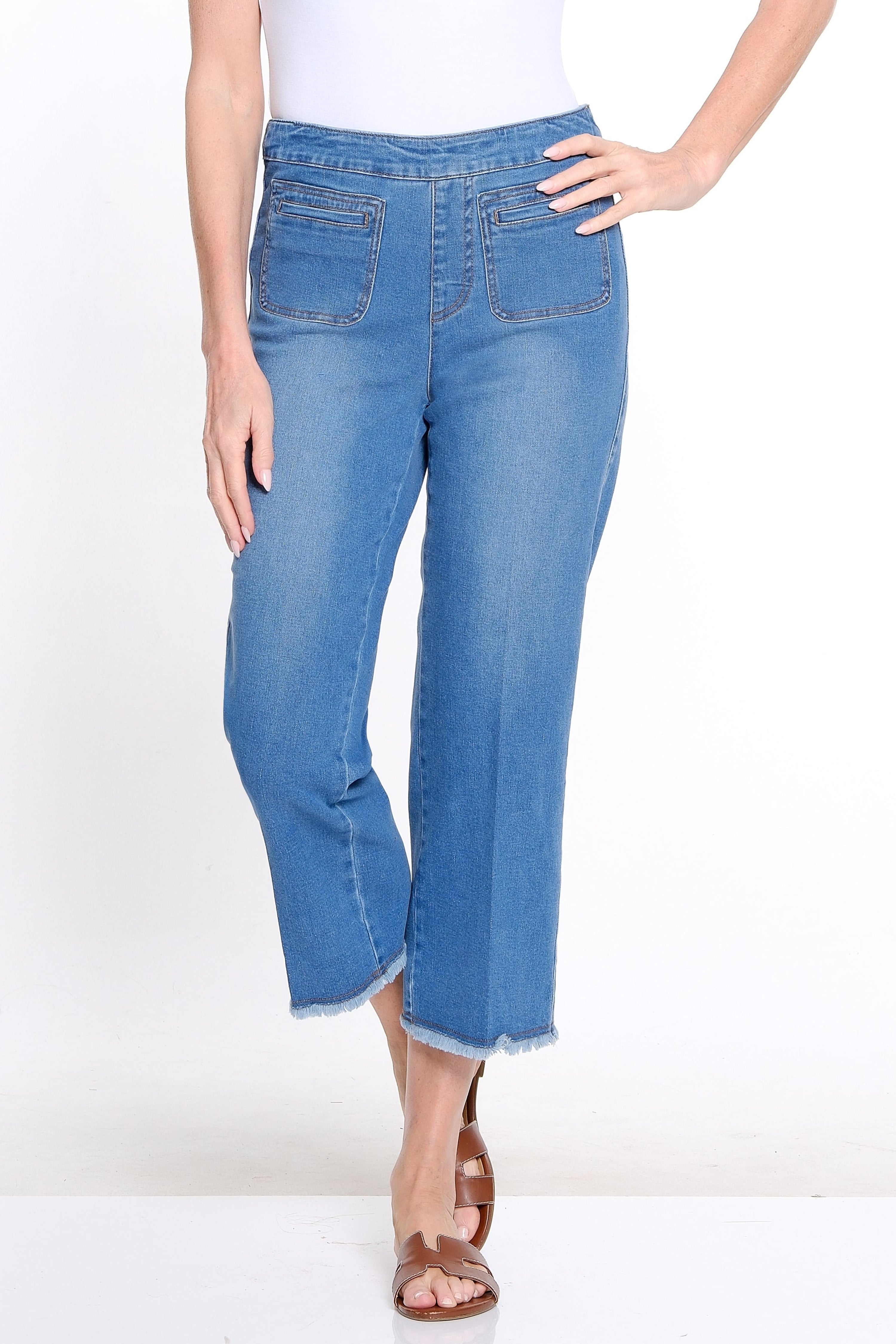 Wide Leg Denim Crop Jean with Fringe Hem - Medium Indigo