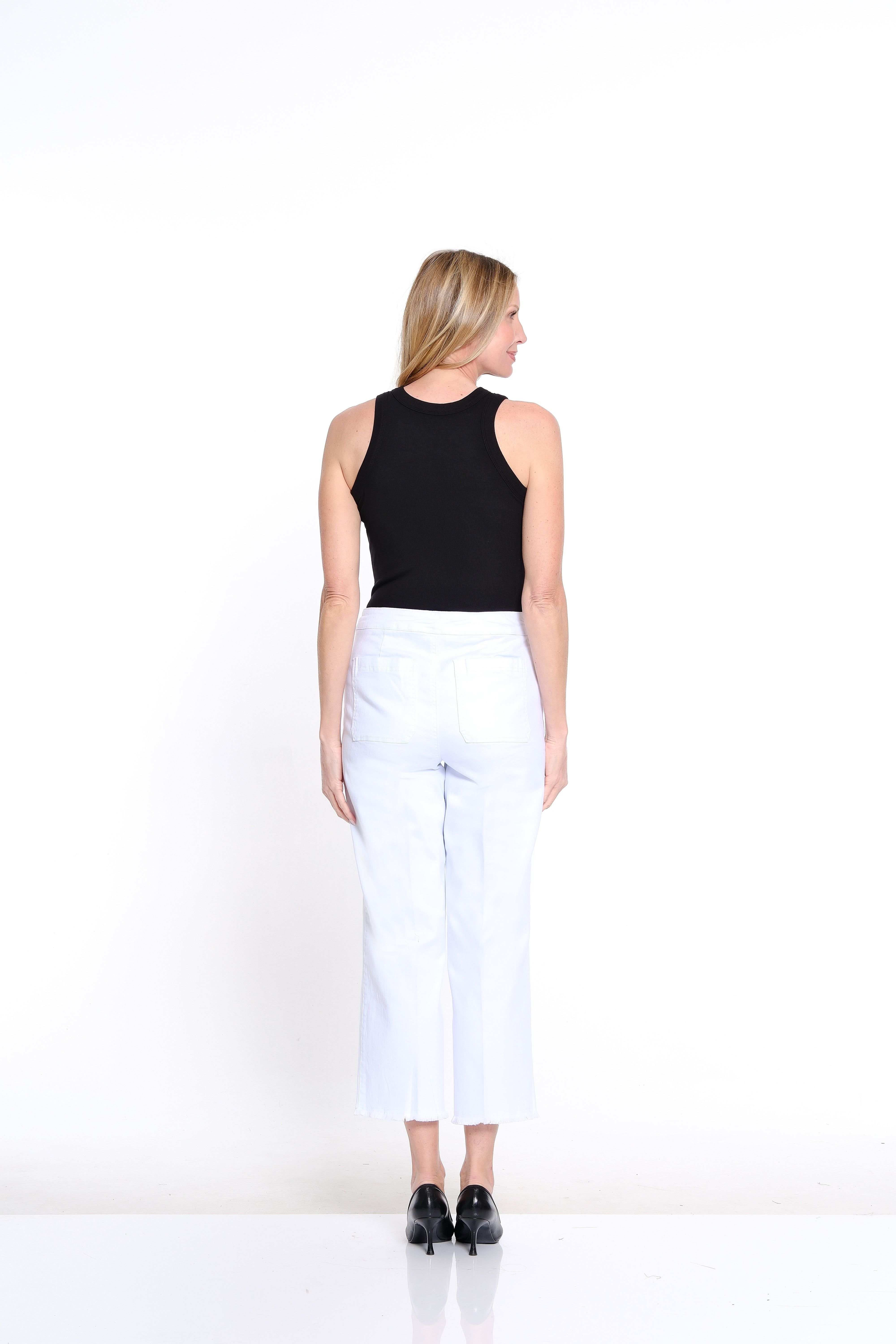 Wide Leg Denim Crop Jean with Fringe Hem - White