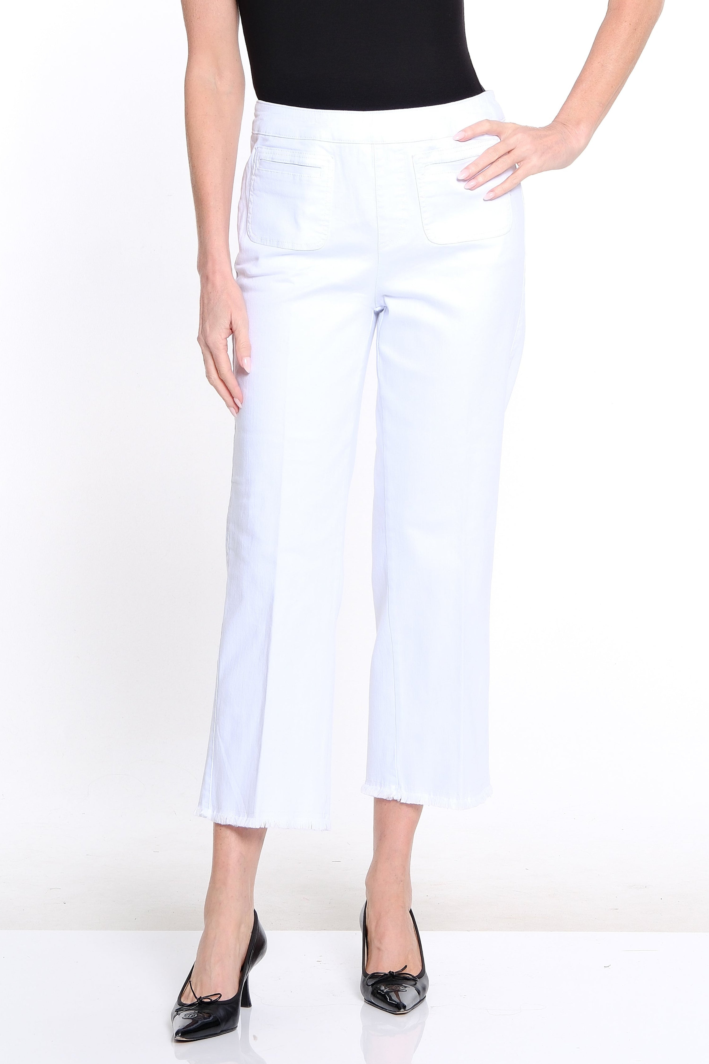 Wide Leg Denim Crop Jean with Fringe Hem - Petite - White