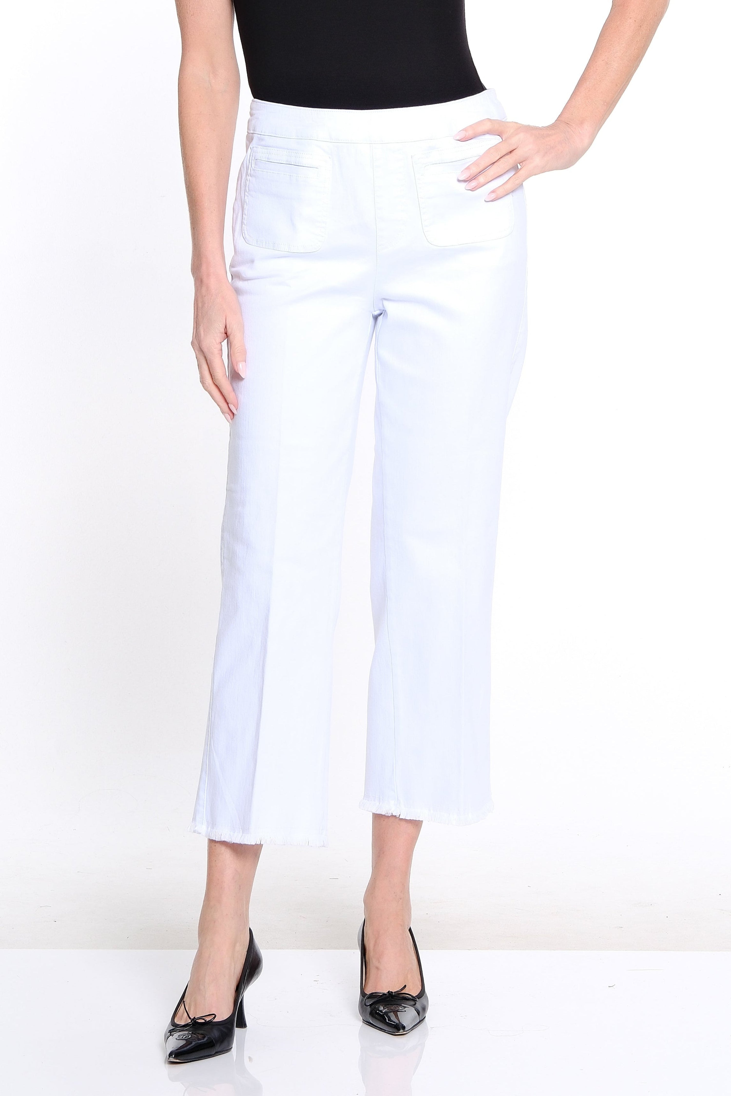 Wide Leg Denim Crop Jean with Fringe Hem - White