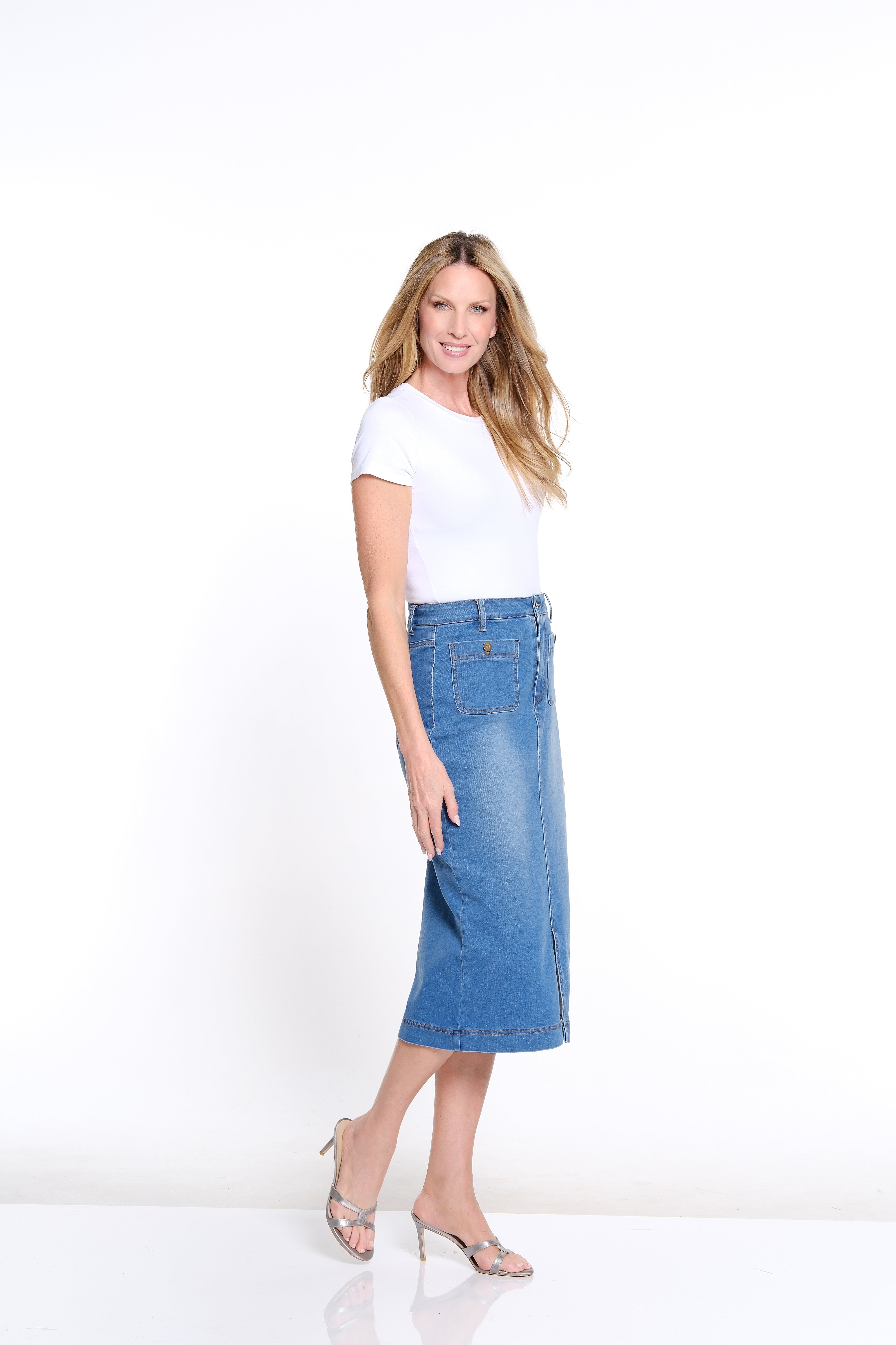 Button-Front Straight Denim Skirt - Medium Indigo