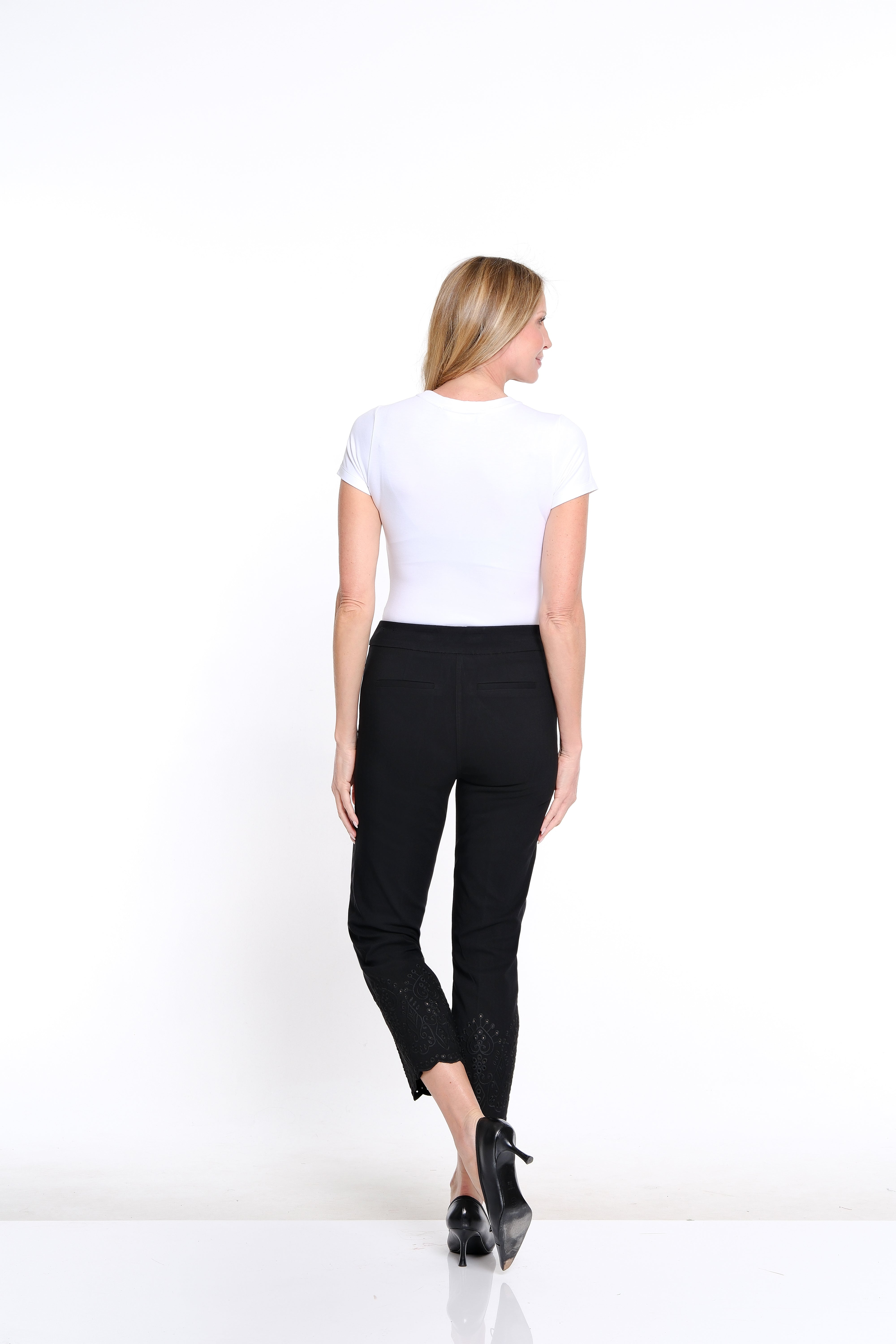 Embroidered Hem Twill Ankle Pant - Black