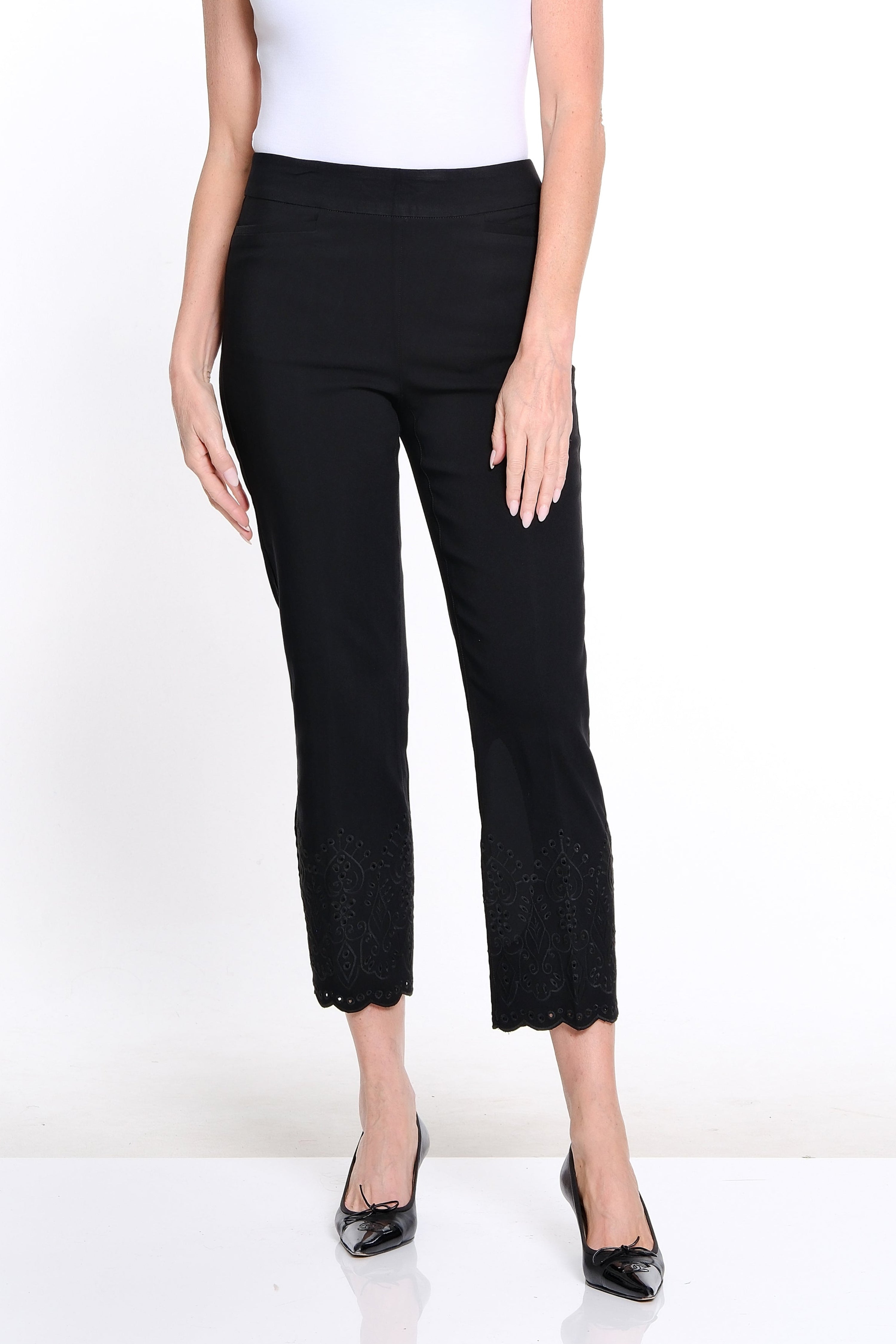 Embroidered Hem Twill Ankle Pant - Black