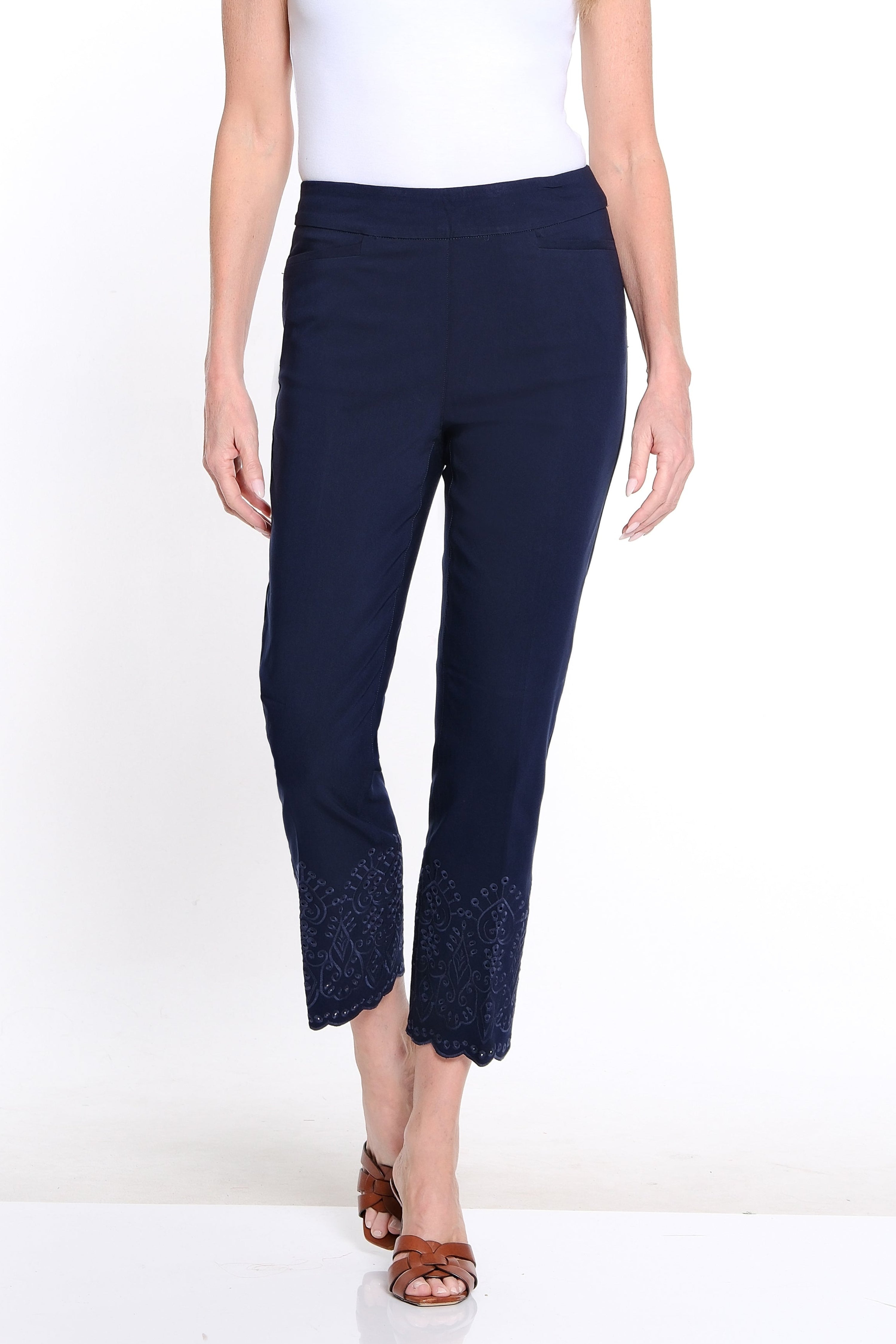 Embroidered Hem Twill Ankle Pant - Midnight