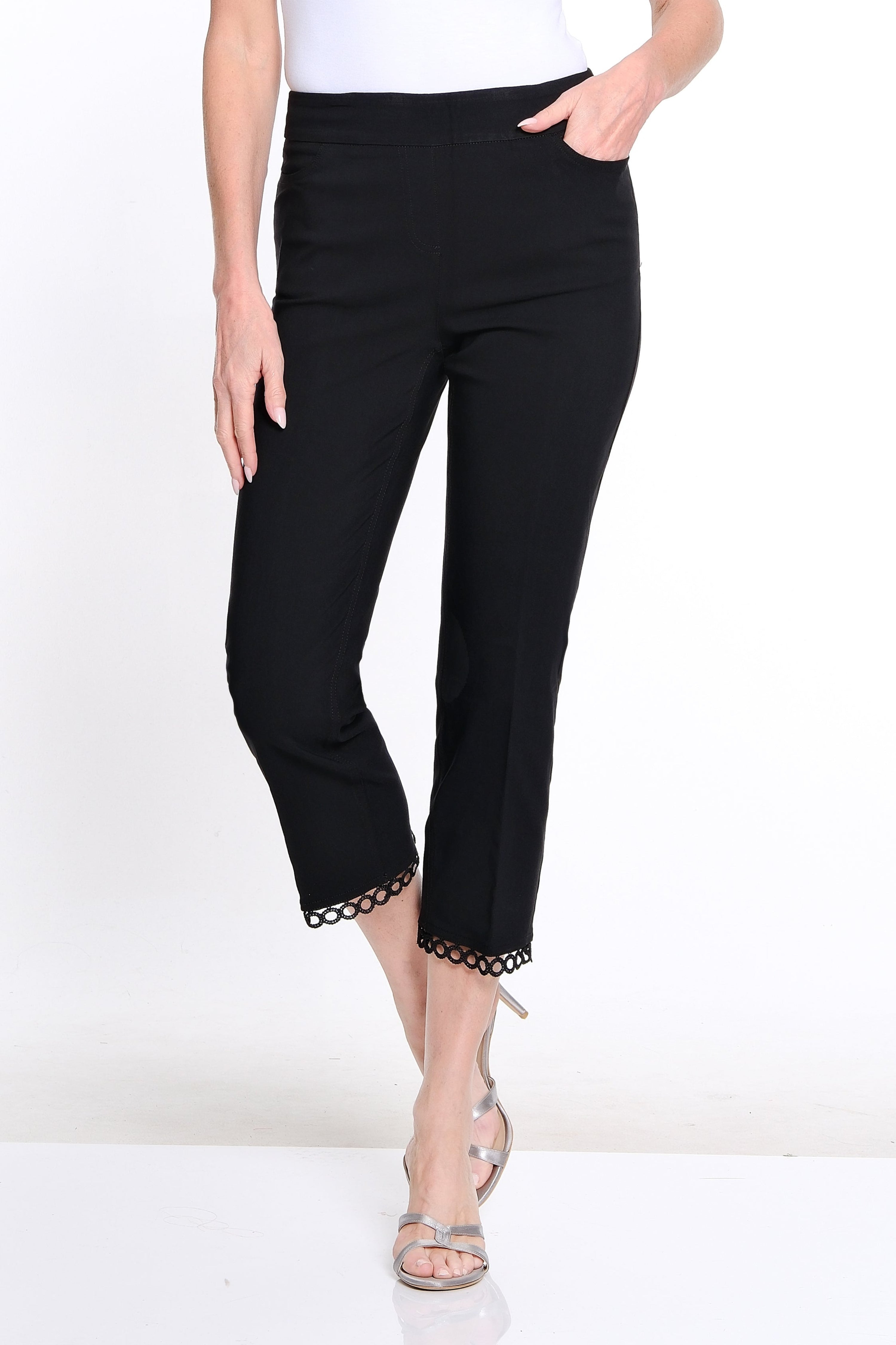 Solid Twill Crop Pant with Lace Hem - Petite - Black