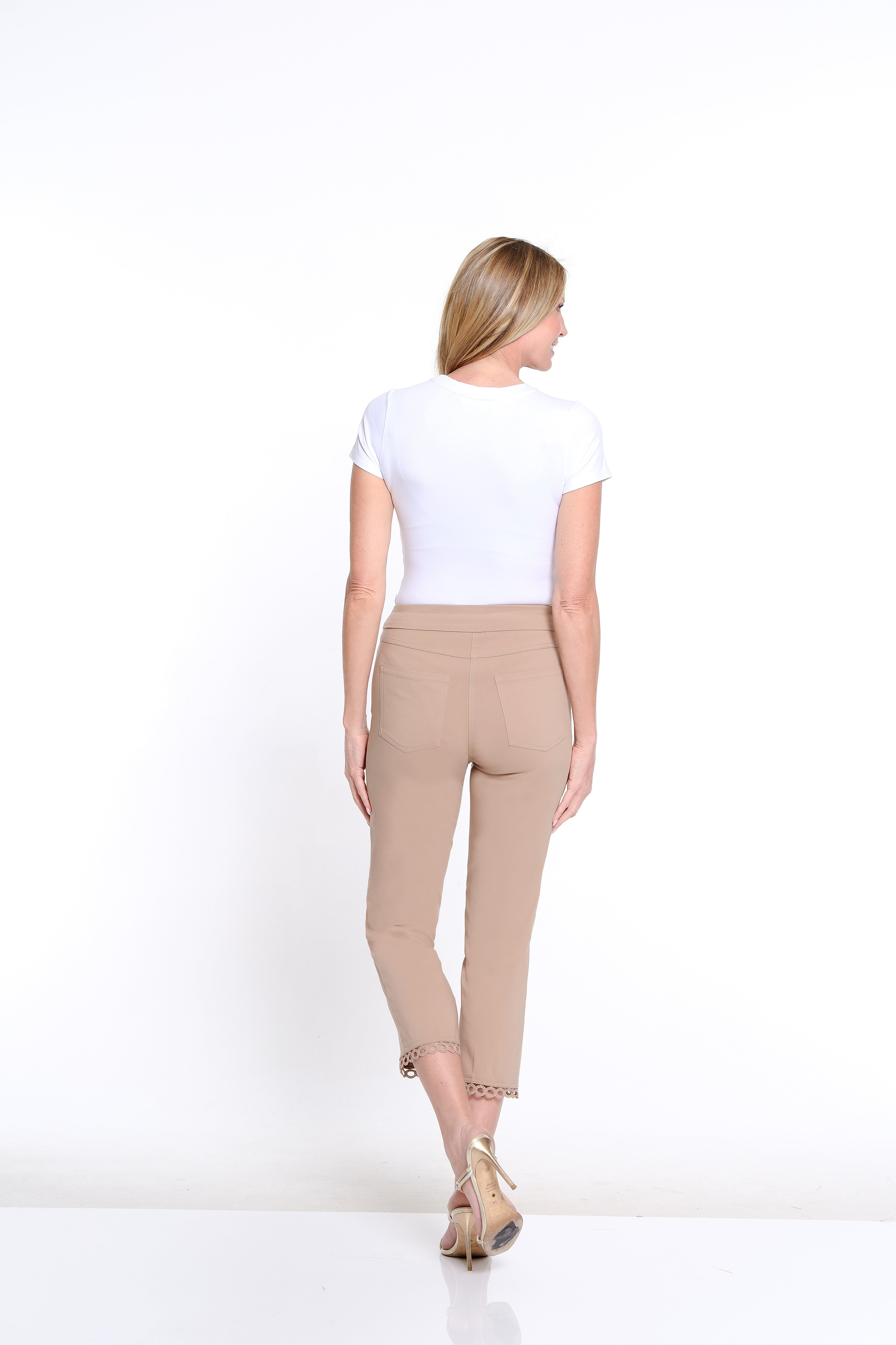 Solid Twill Crop Pant with Lace Hem - Taupe