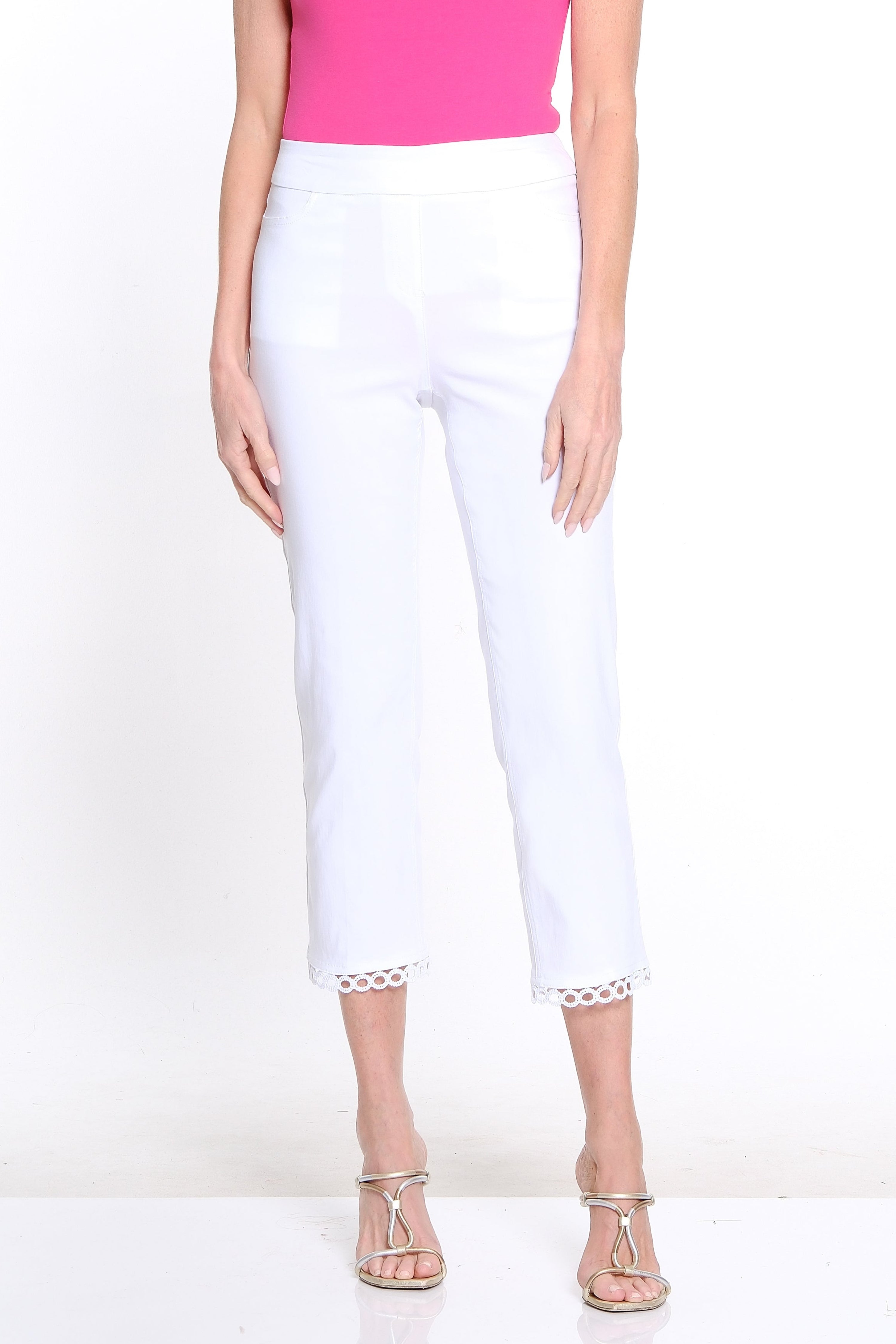 Solid Twill Crop Pant with Lace Hem - Petite - White
