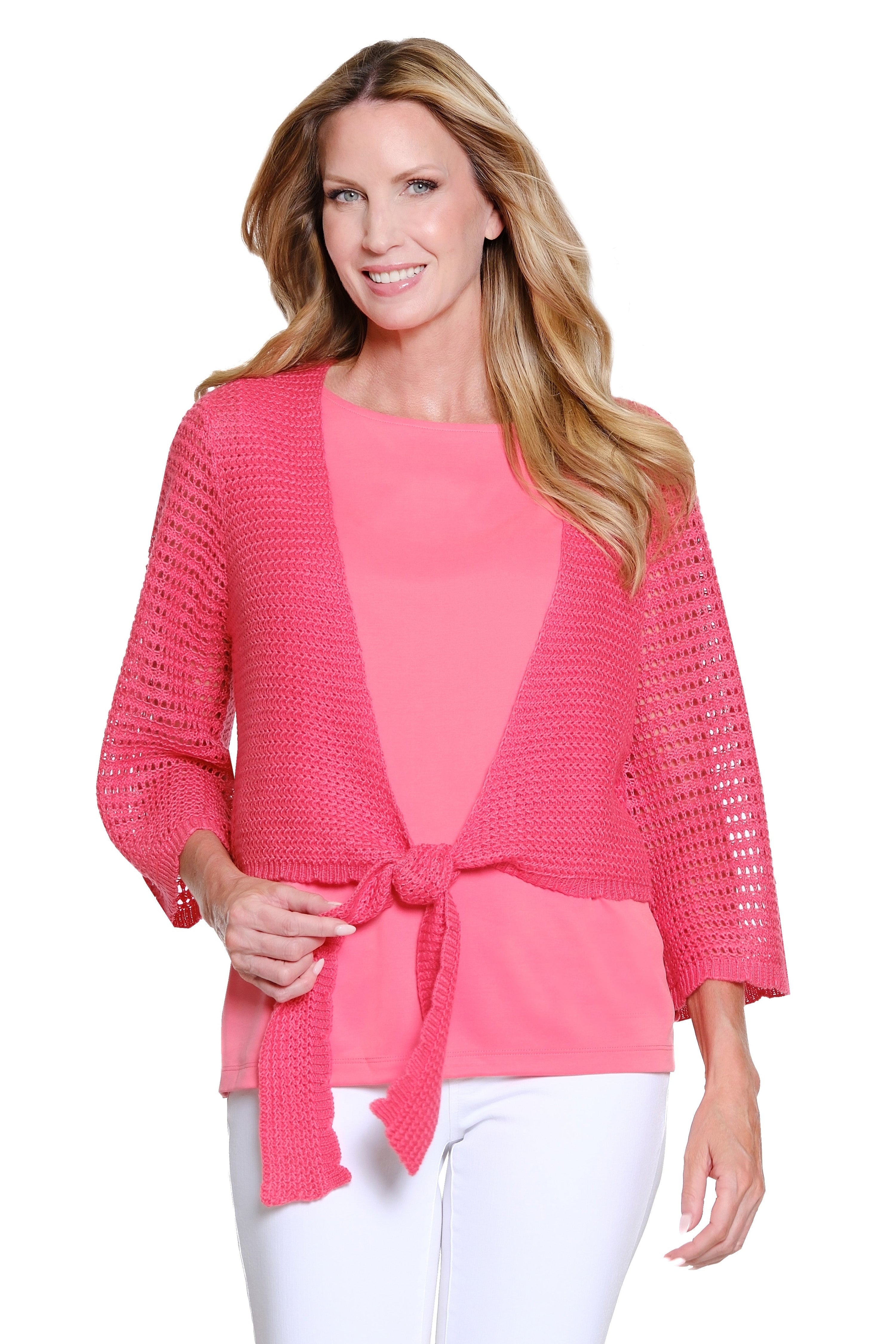 Tie-Front Knit Cardigan - Coral Pink