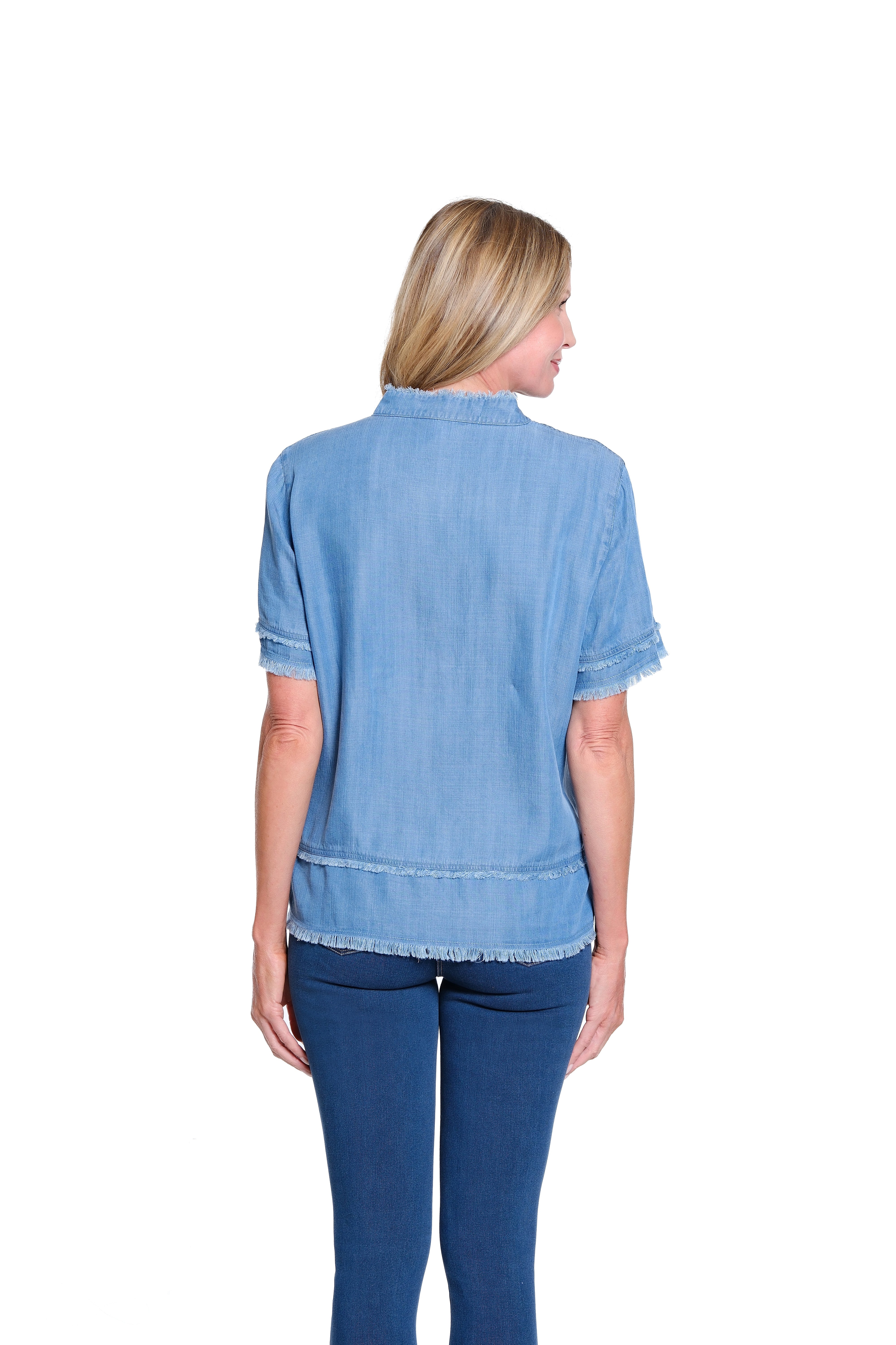 Fringe-Hem Woven Popover Shirt - Light Indigo