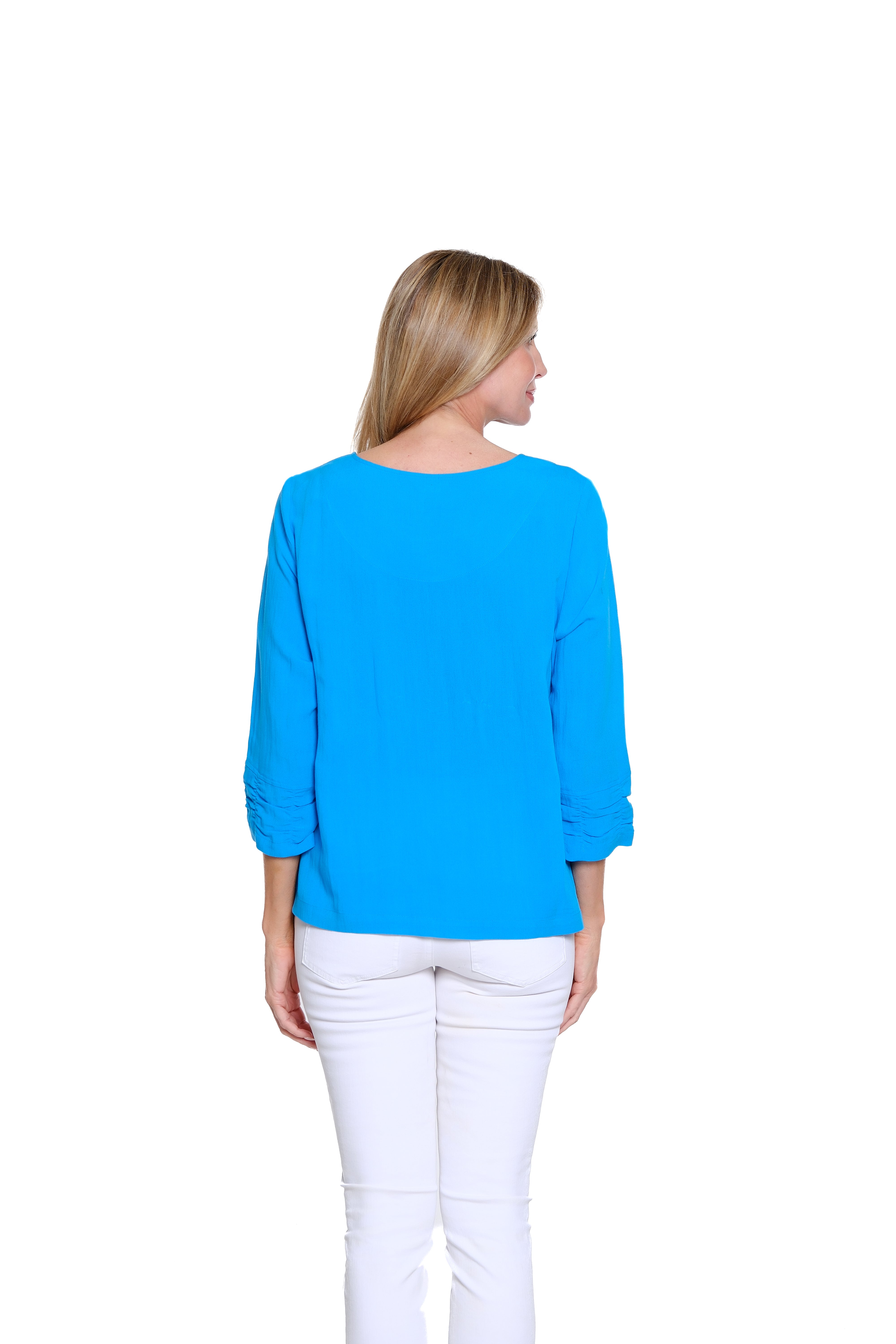 Crinkle Woven Top with Shirred Detail - Petite - Bright Turquoise