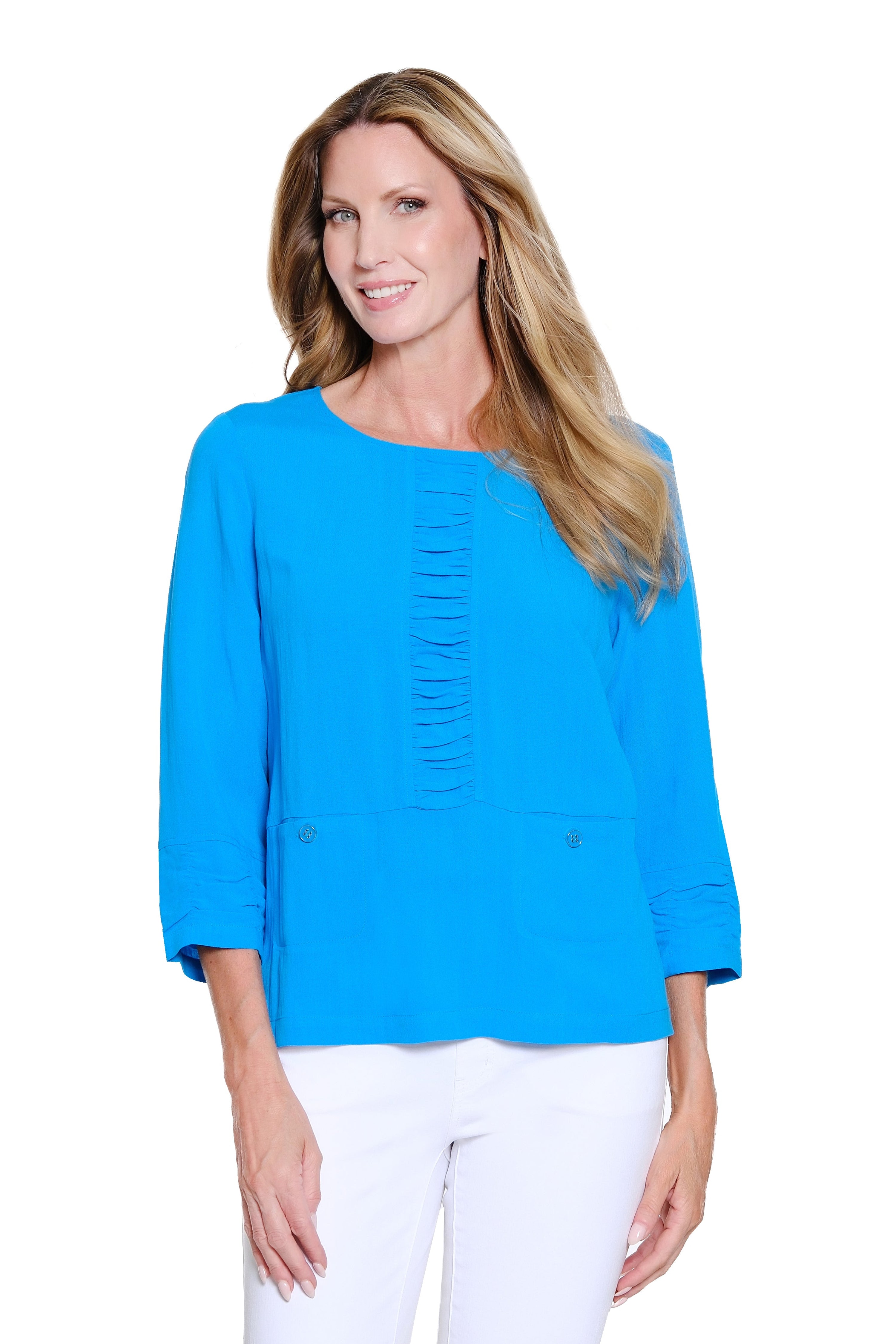 Crinkle Woven Top with Shirred Detail - Petite - Bright Turquoise