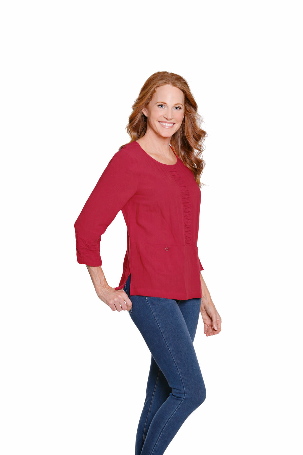 Crinkle Woven Top with Shirred Detail - Petite - Fiery Red