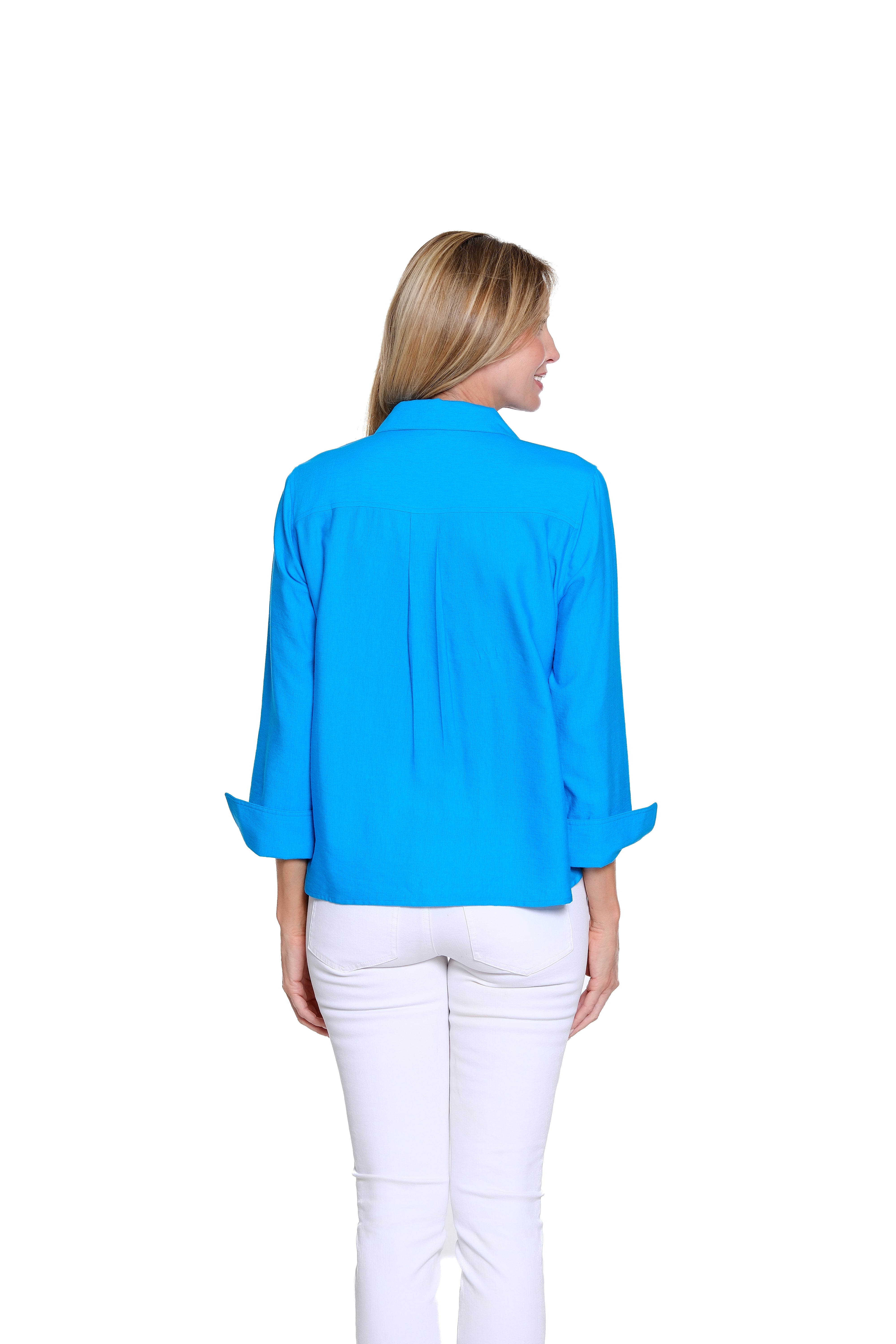 Scalloped Button-Front Woven Shirt - Bright Turquoise