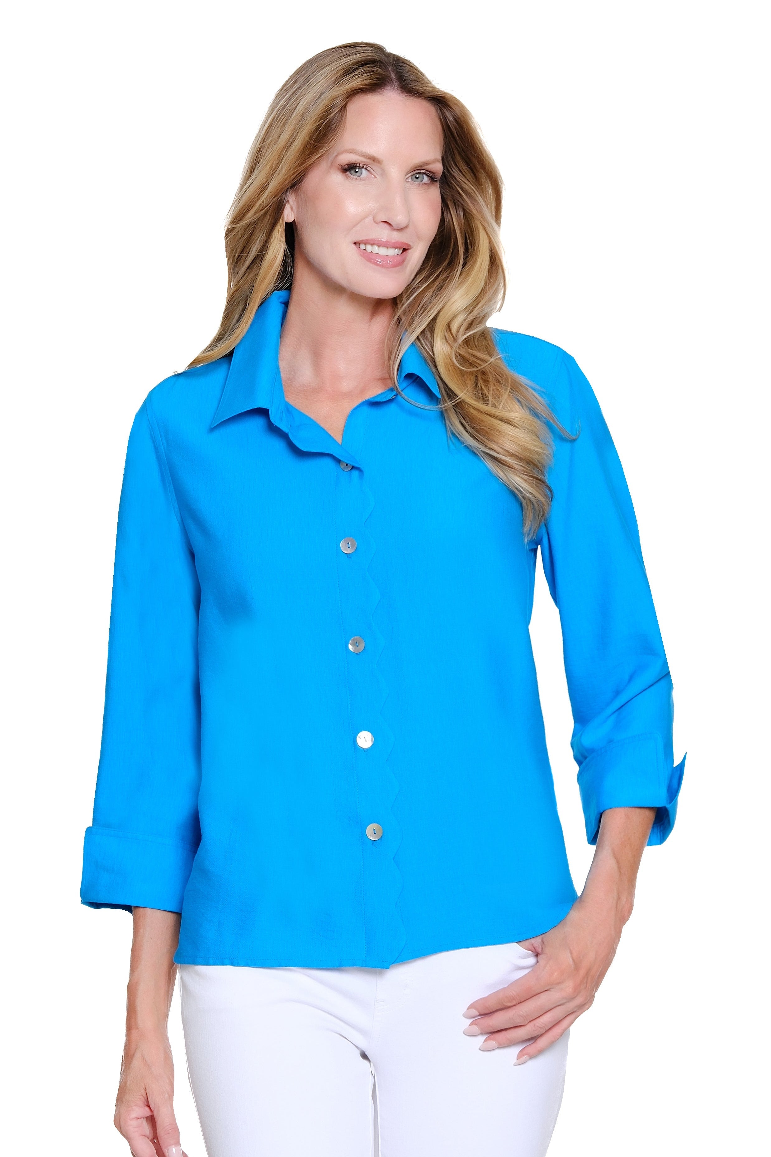 Scalloped Button-Front Woven Shirt - Bright Turquoise