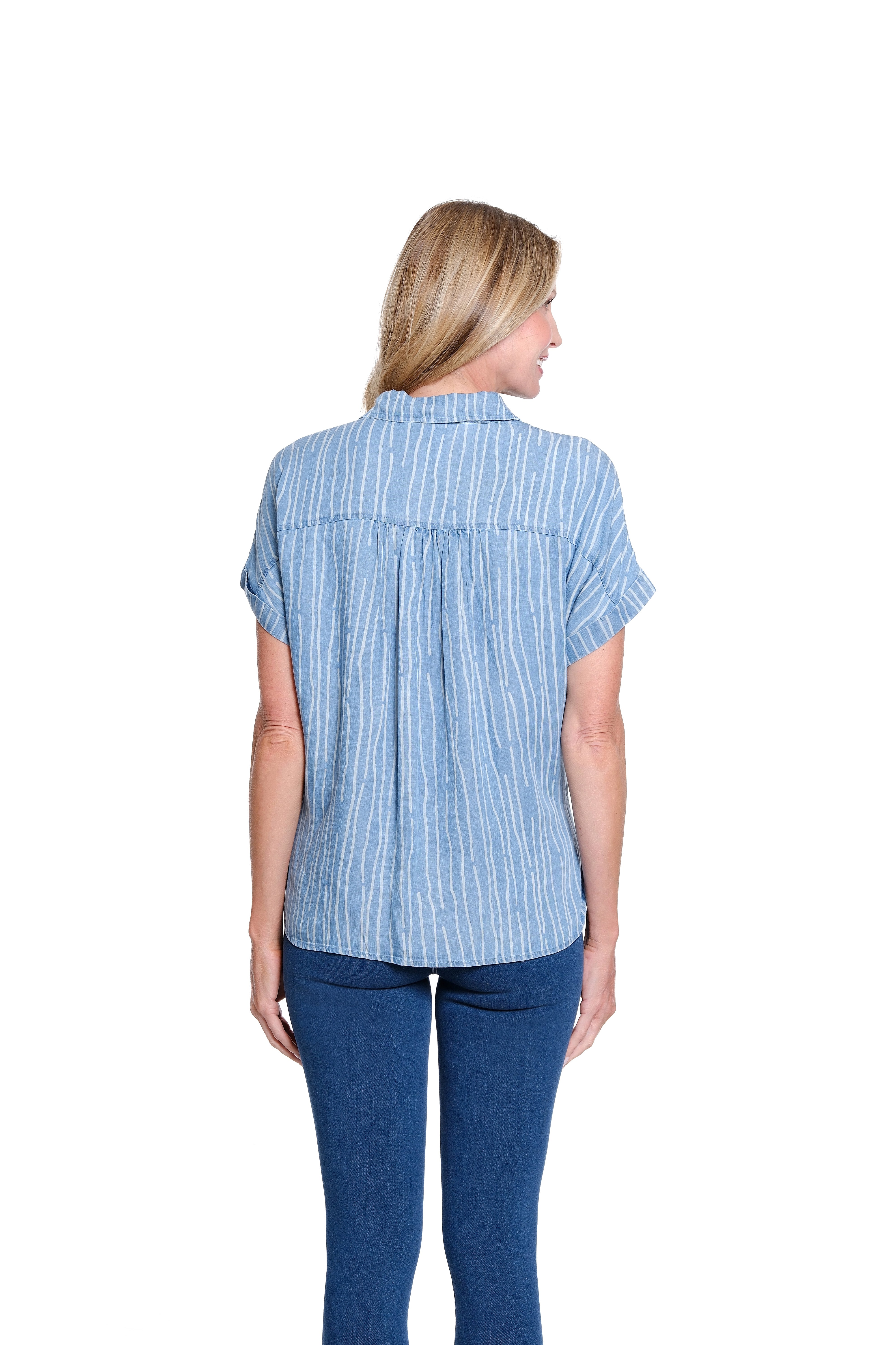 Twill & Print Denim Popover Top - Plus - Light Indigo Print