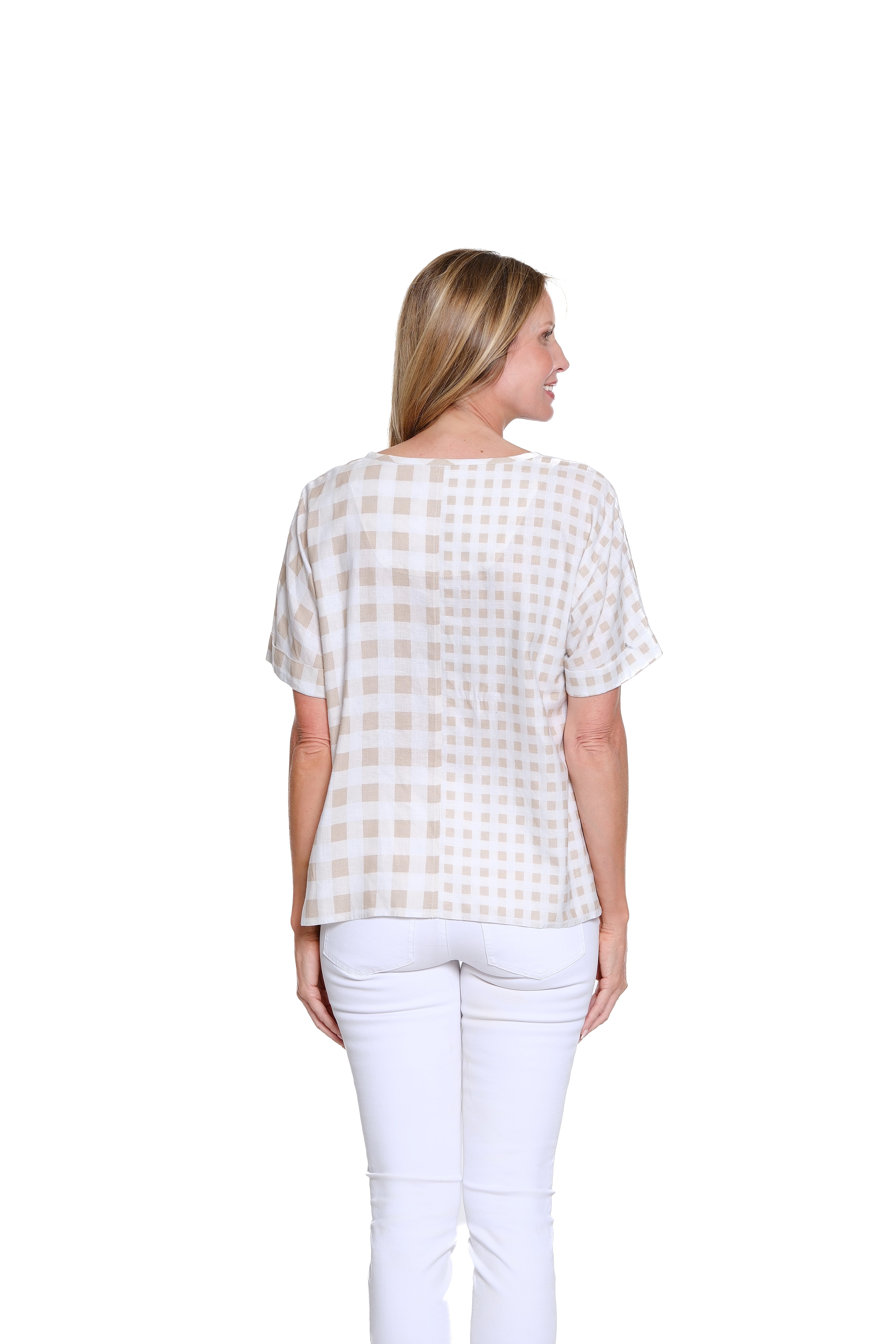 Cuffed Short Sleeve Check Print Top - Khaki