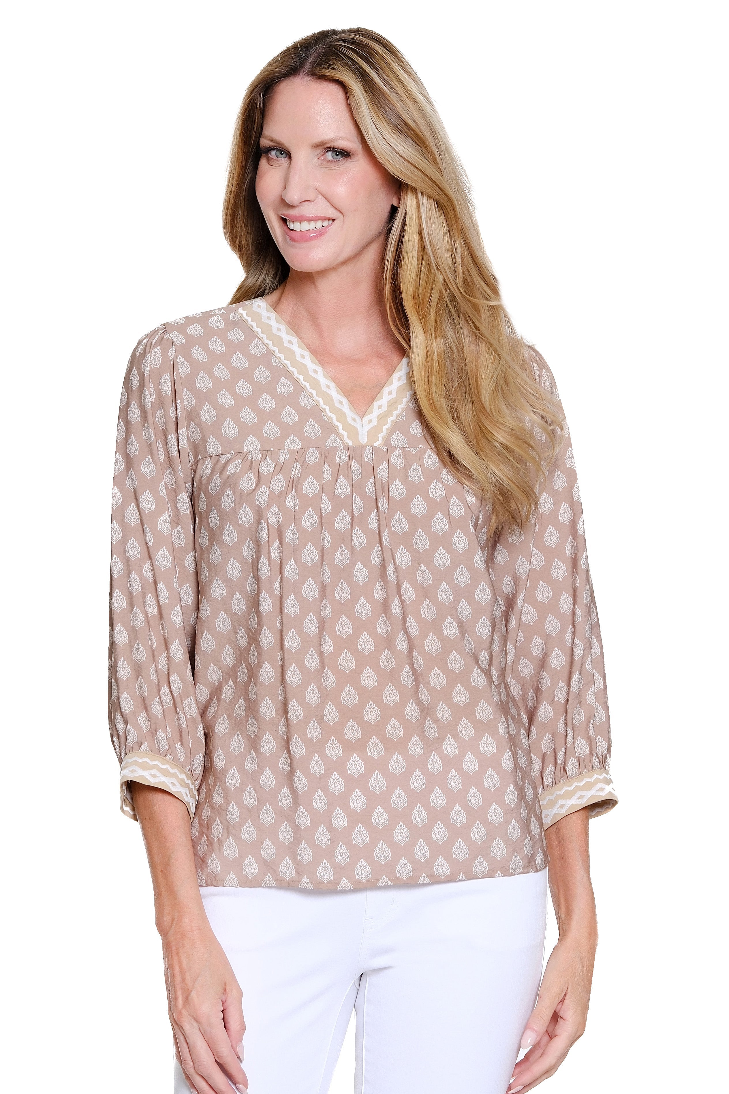 3/4 Sleeve Banded V-Neck Print Top Embroidery Detail - Khaki