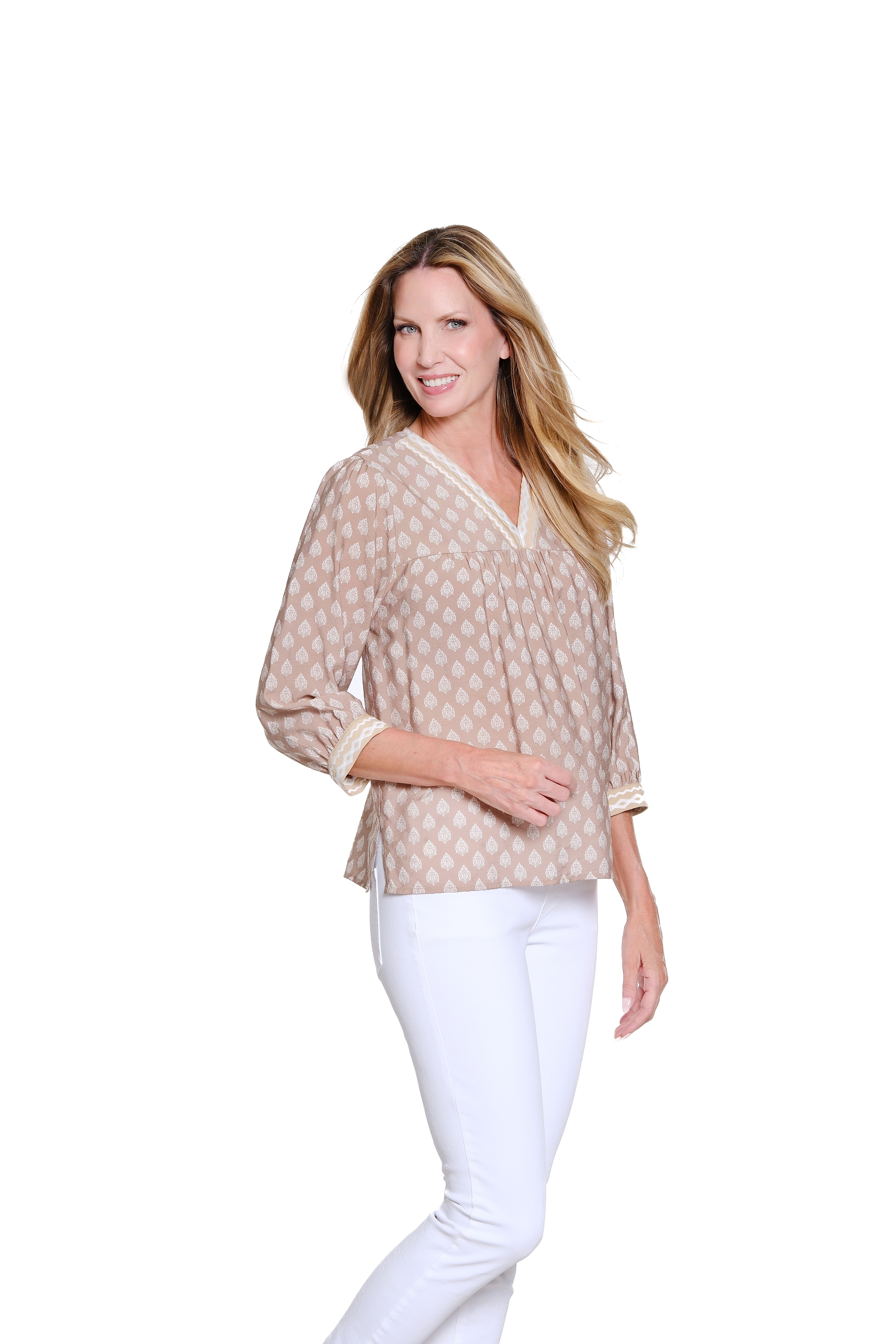 3/4 Sleeve Banded V-Neck Print Top Embroidery Detail - Khaki