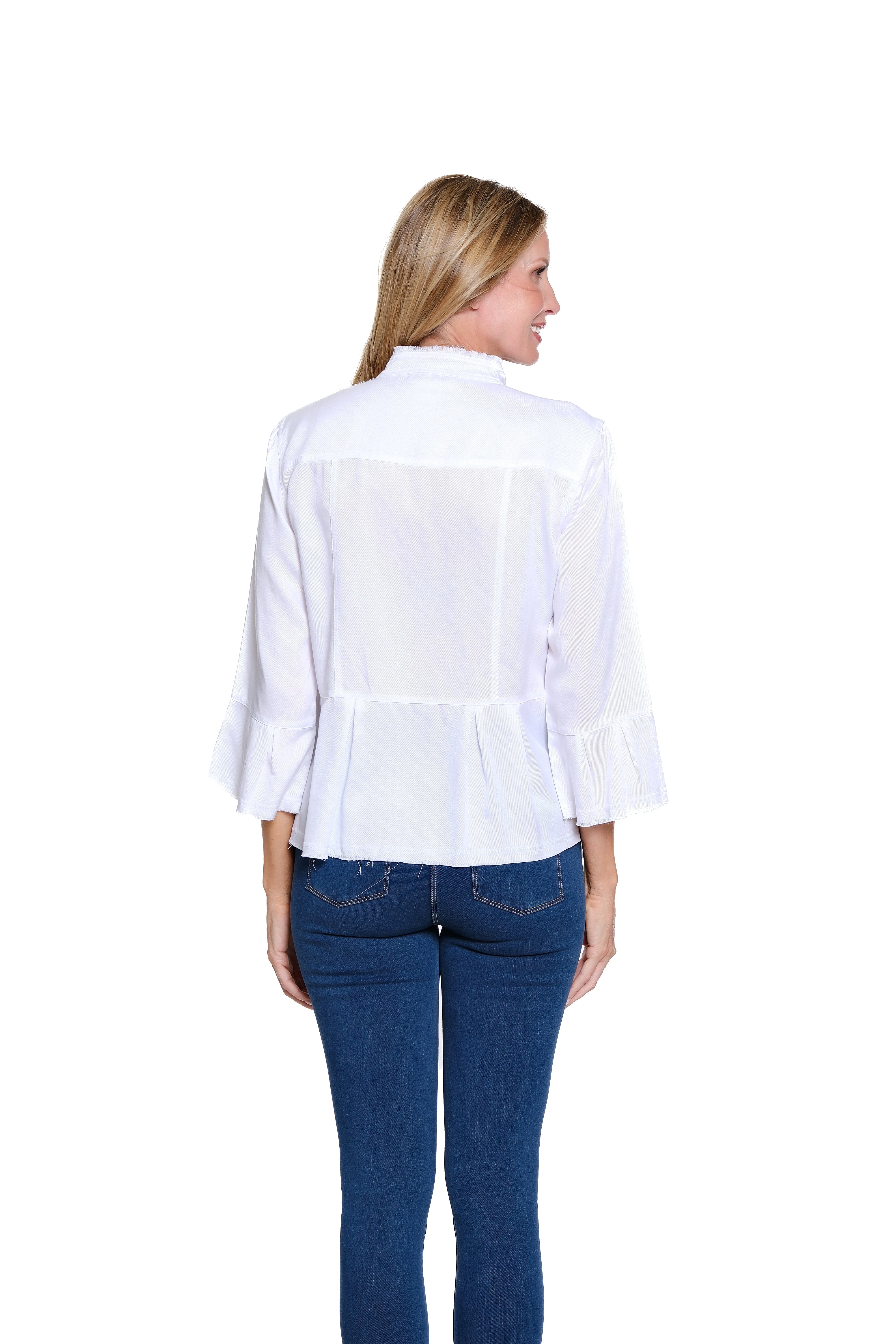 Peplum Twill Jacket with Flounce Sleeves - White