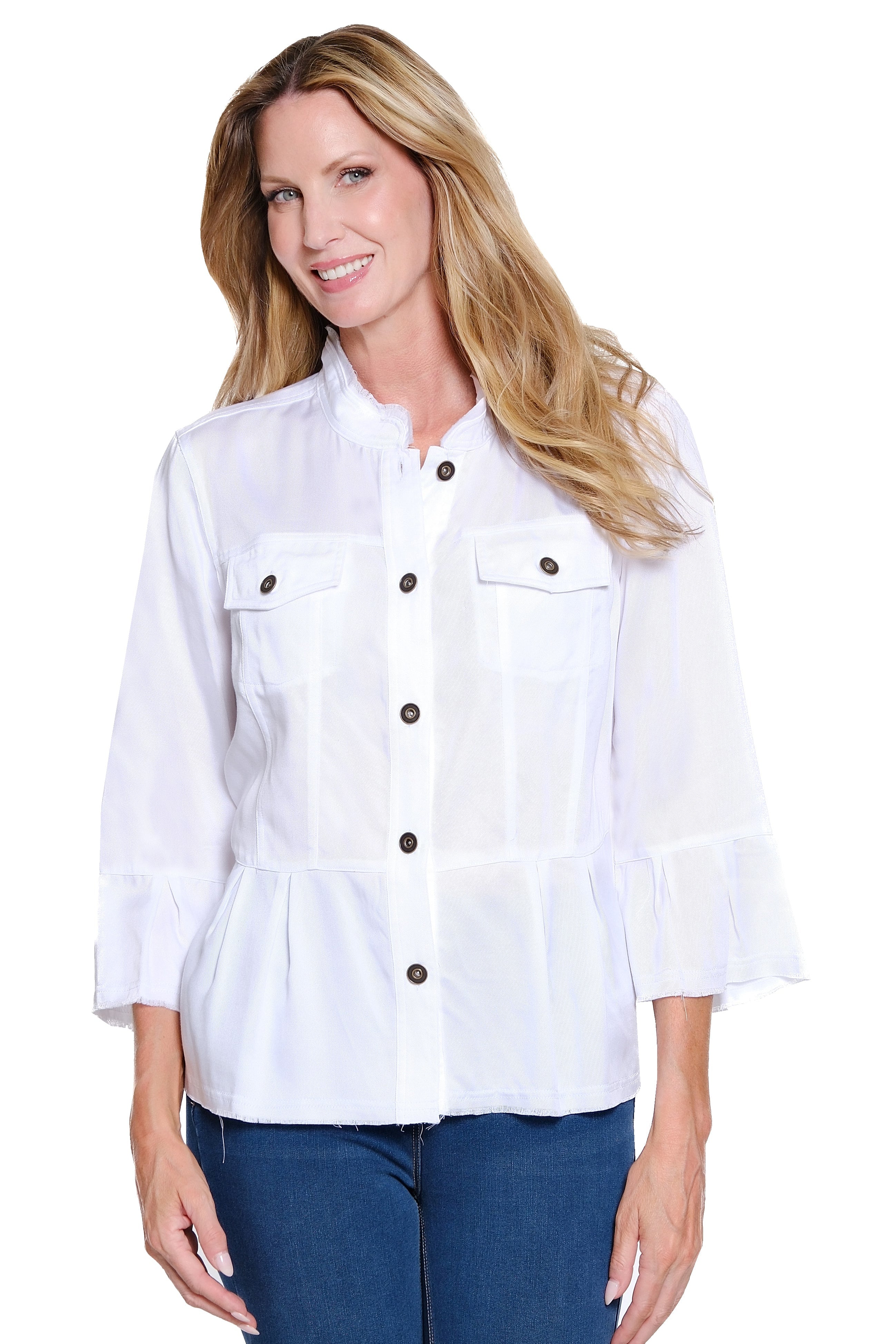 Peplum Twill Jacket with Flounce Sleeves - Petite - White