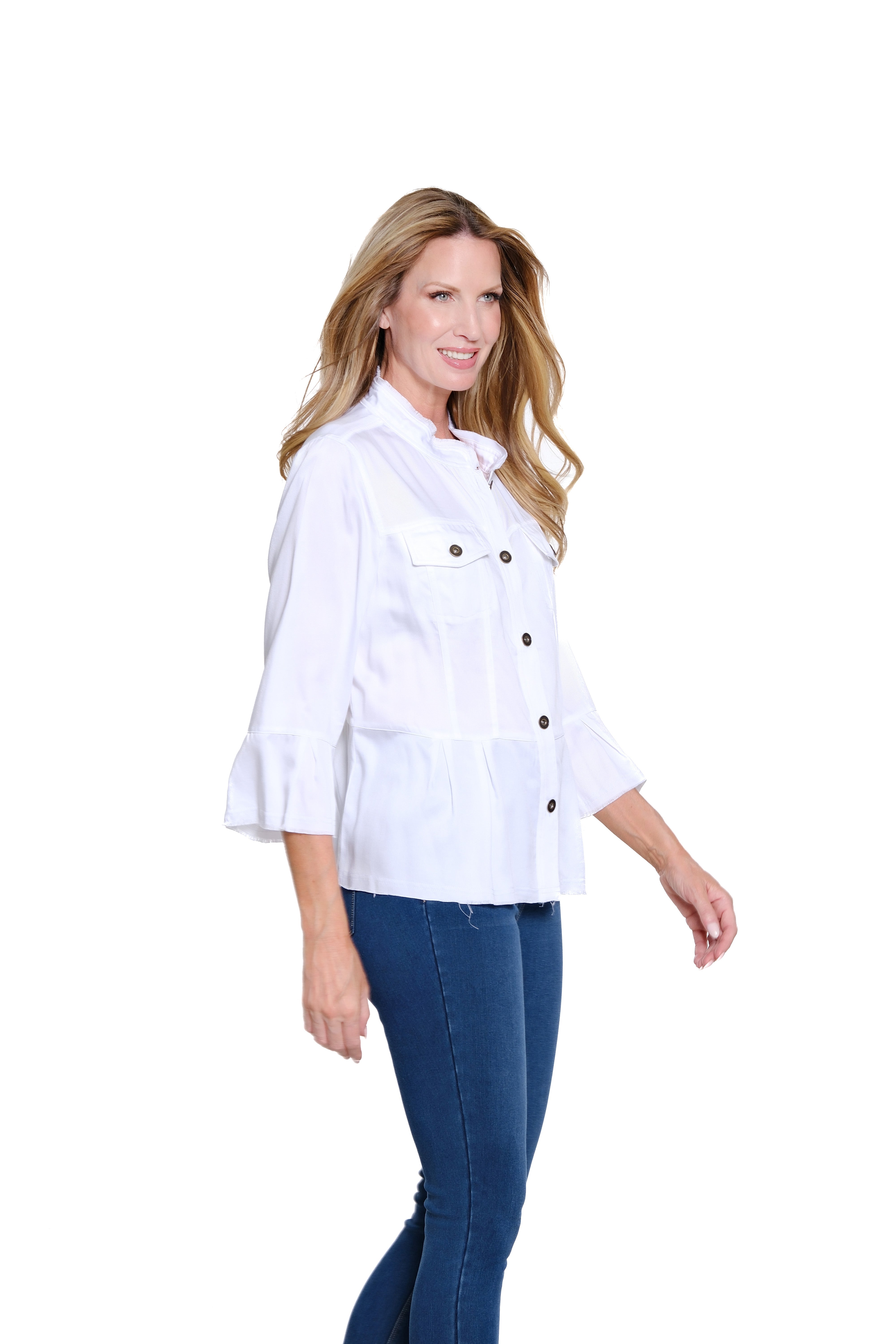 Peplum Twill Jacket with Flounce Sleeves - White
