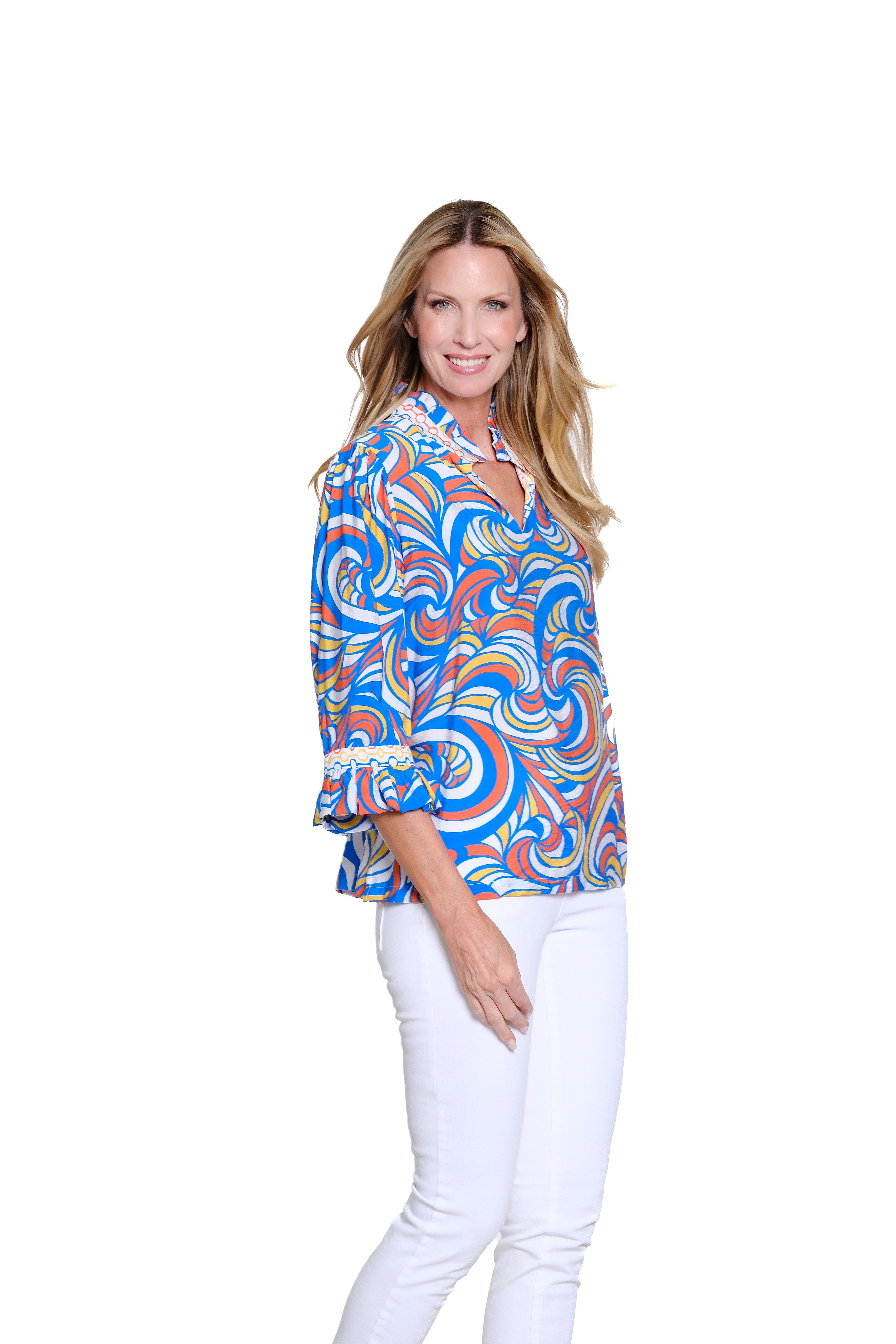 Ruffle Collar Top with Flounce Sleeves - Petite - Multi